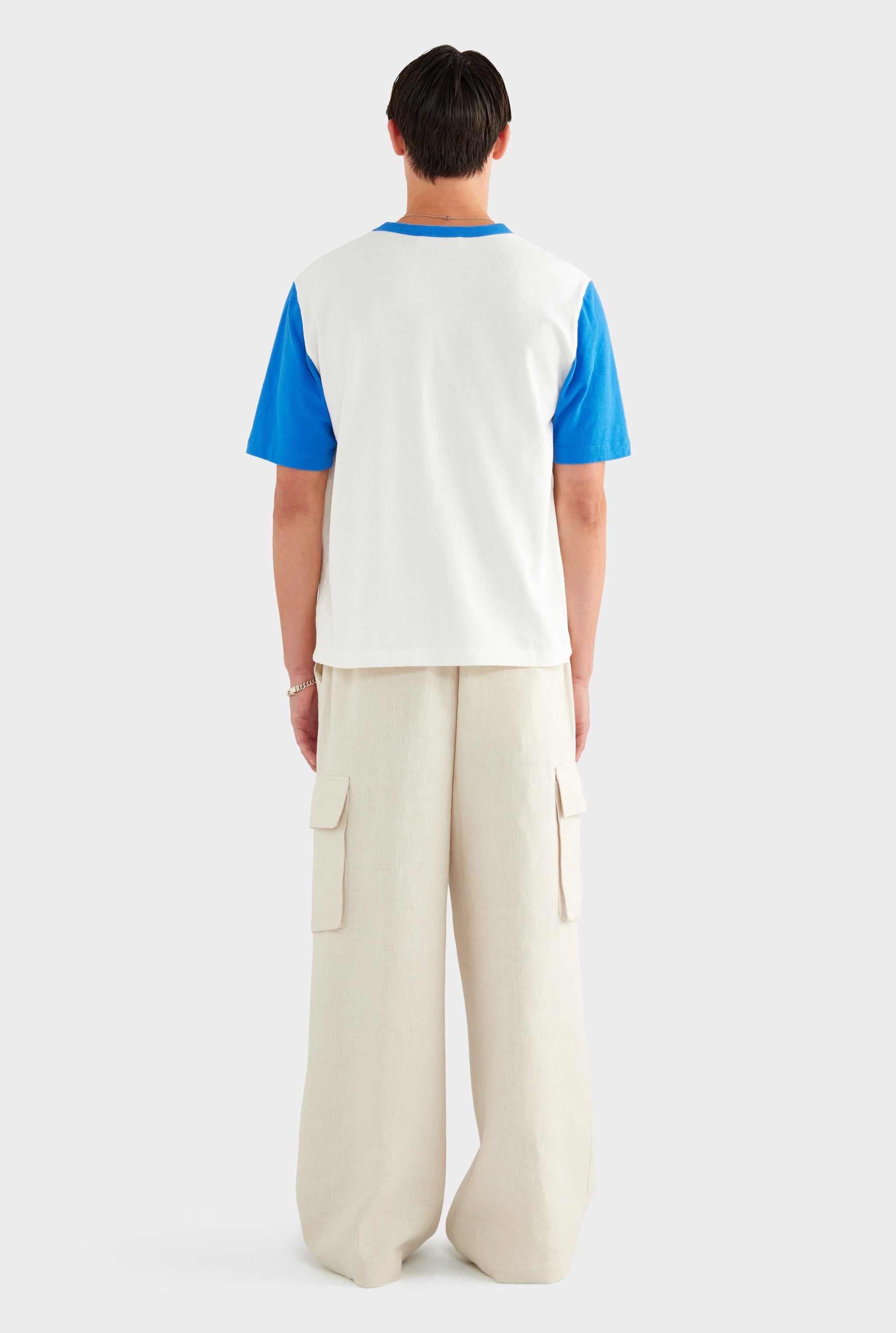Contrast Cotton Linen Tee - White/Strong Blue