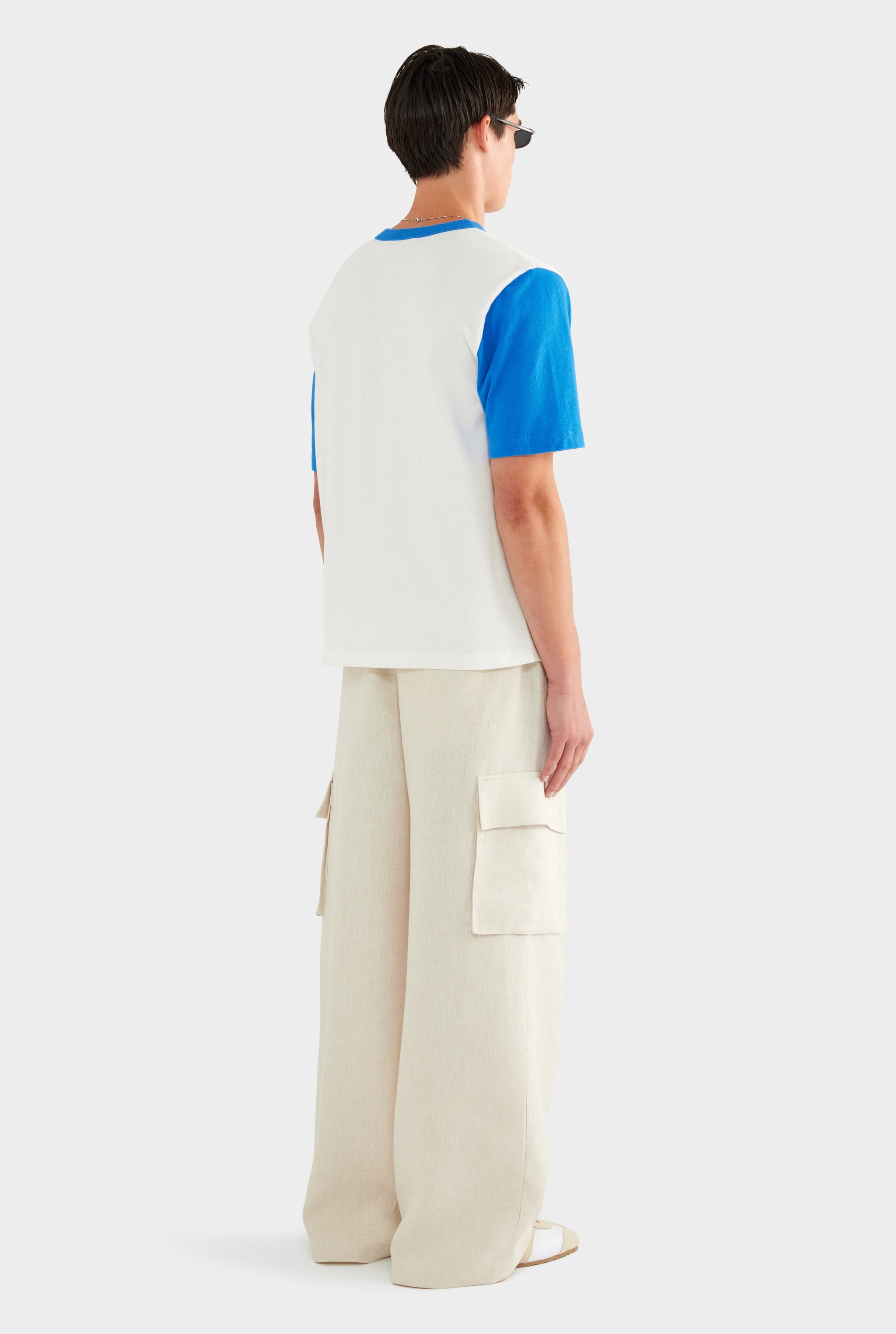 Contrast Cotton Linen Tee - White/Strong Blue