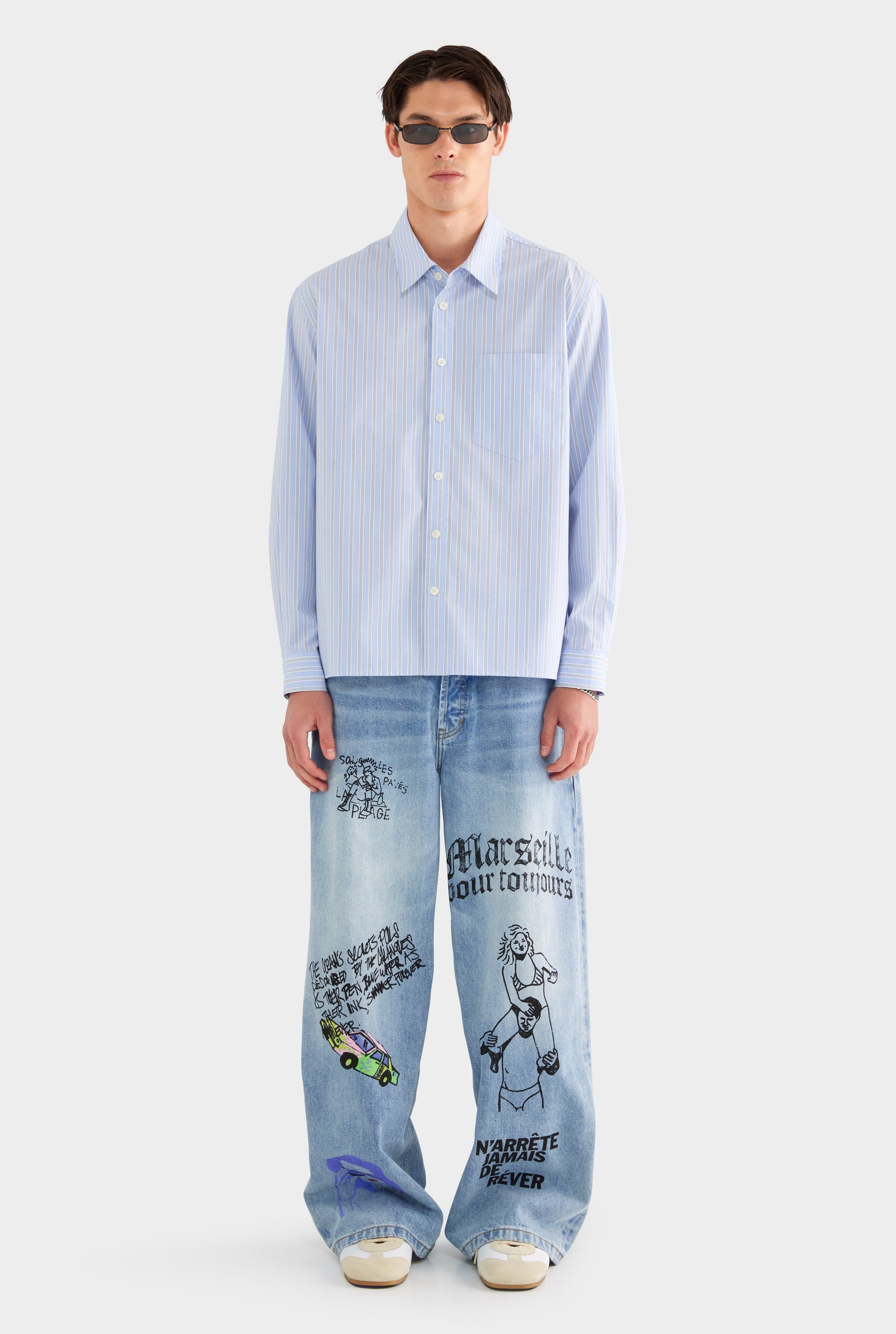 Long Sleeve Relaxed Cotton Poplin Shirt - Blue/White/Navy Stripe