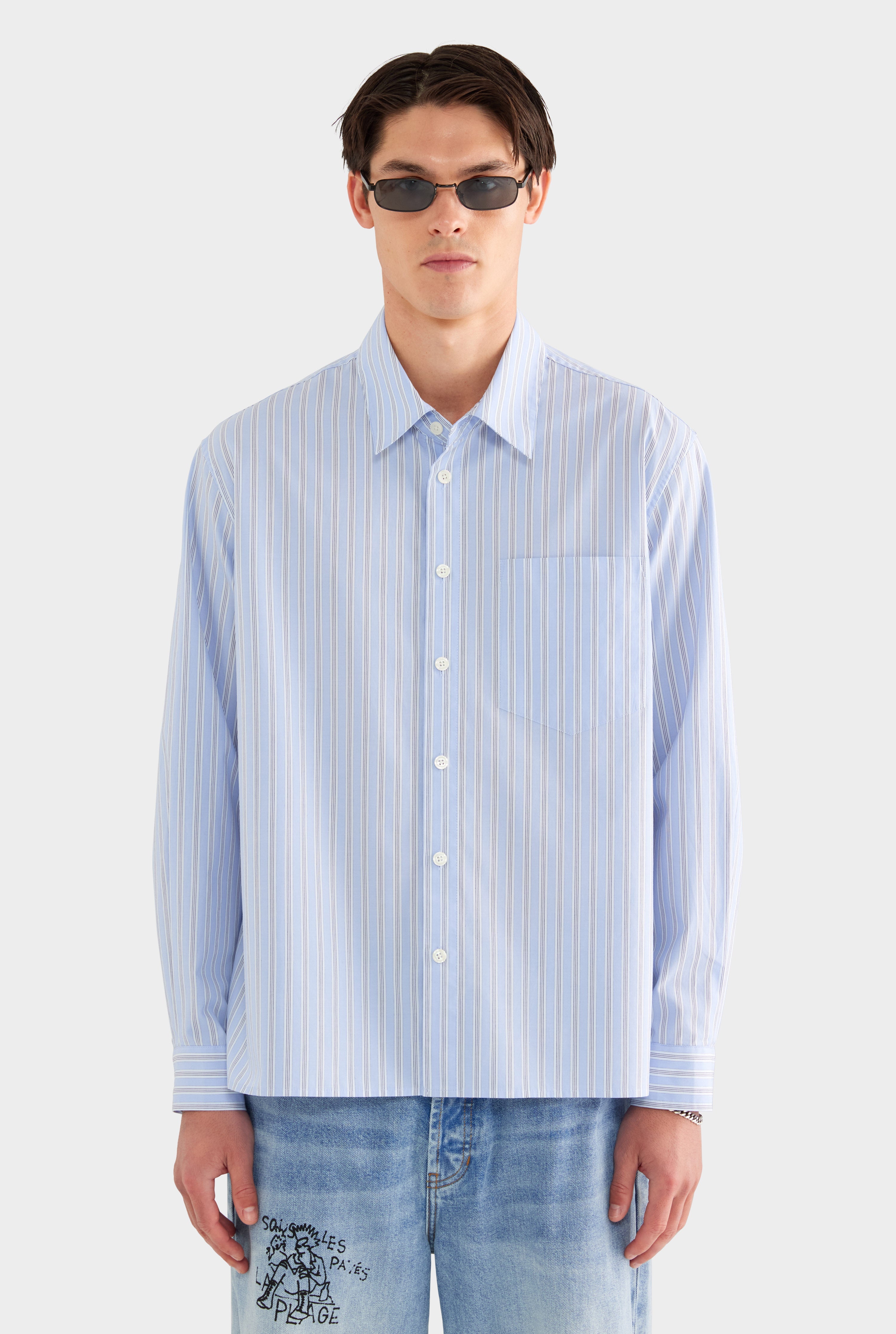 Long Sleeve Relaxed Cotton Poplin Shirt - Blue/White/Navy Stripe