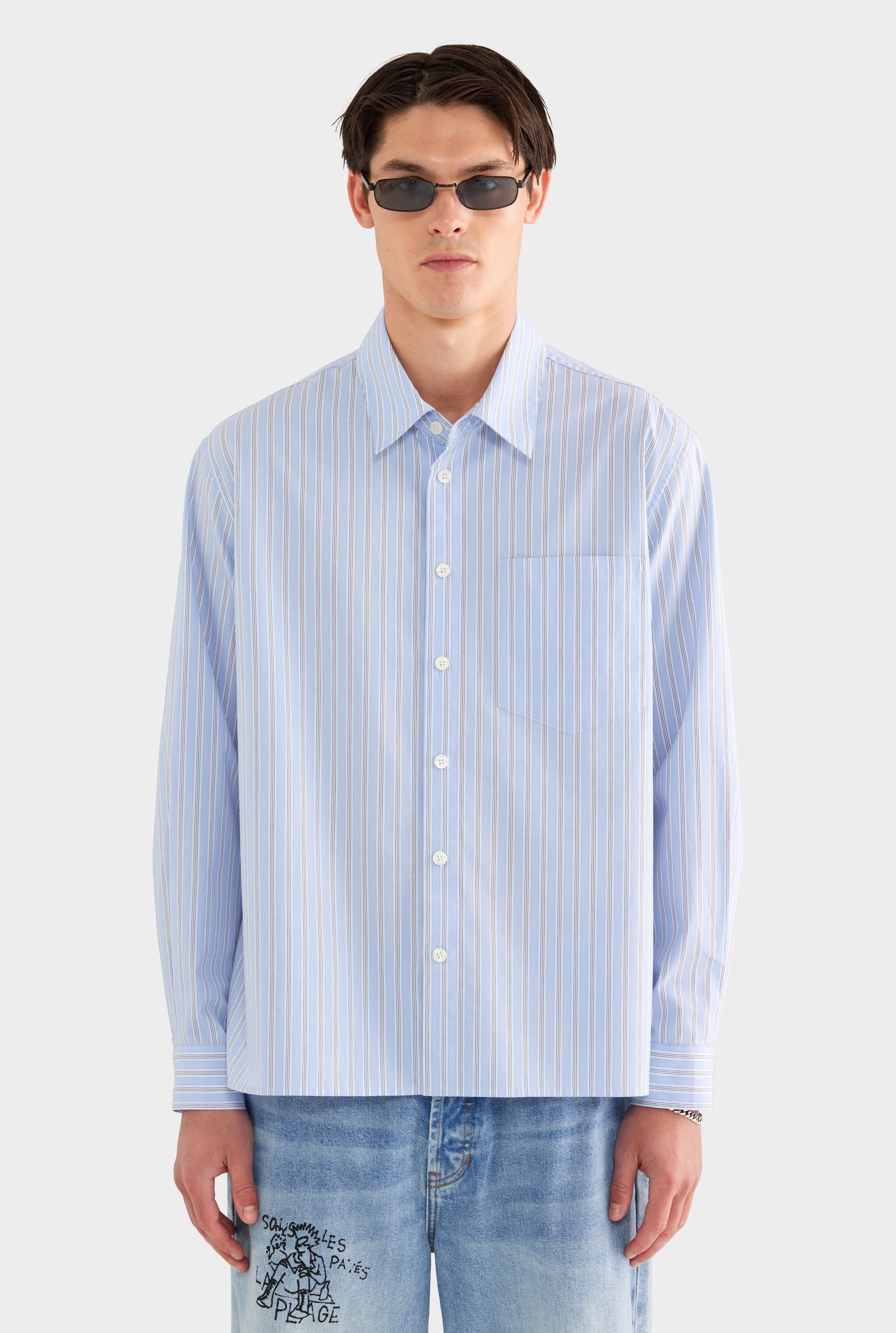 Long Sleeve Relaxed Cotton Poplin Shirt - Blue/White/Navy Stripe