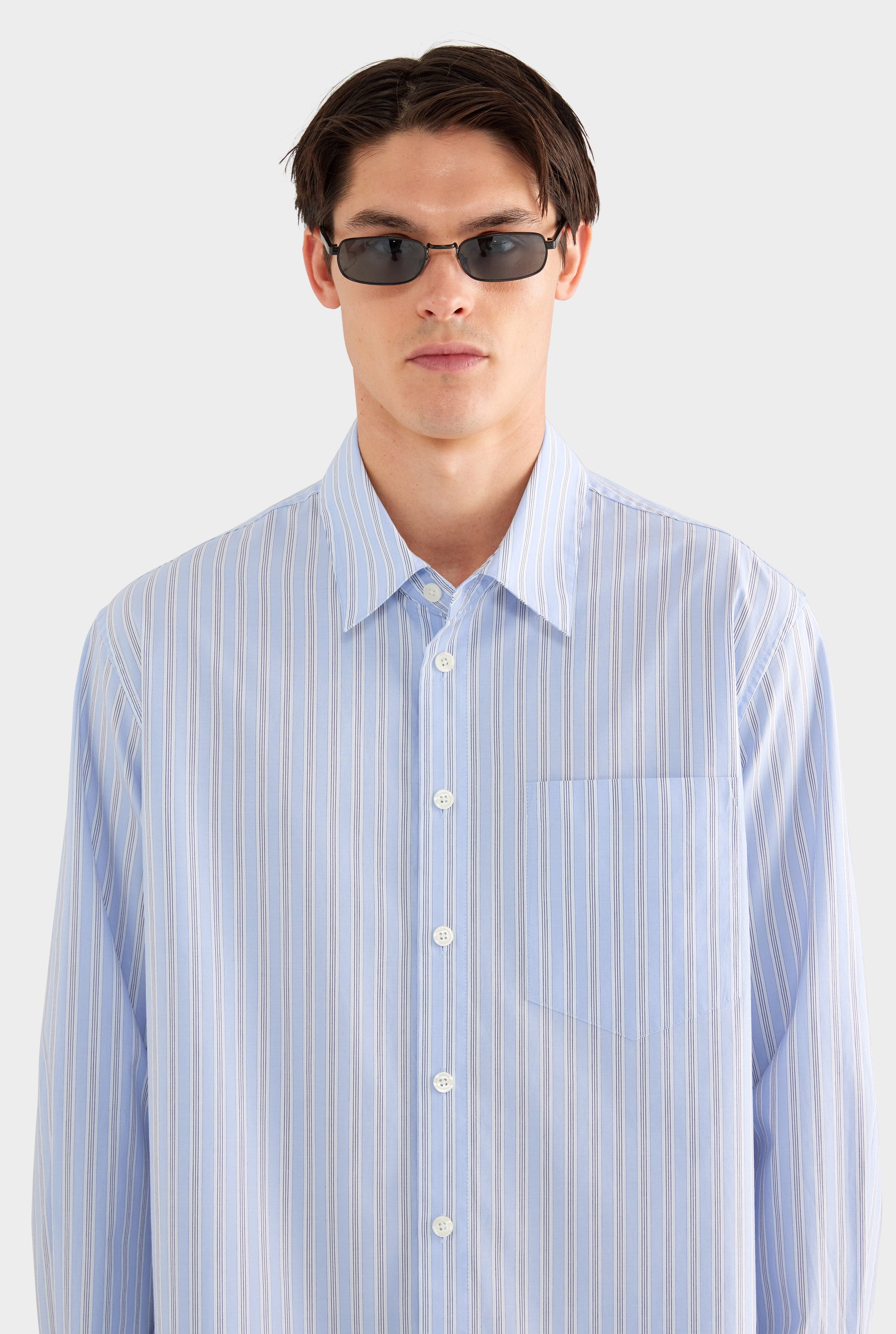 Long Sleeve Relaxed Cotton Poplin Shirt - Blue/White/Navy Stripe