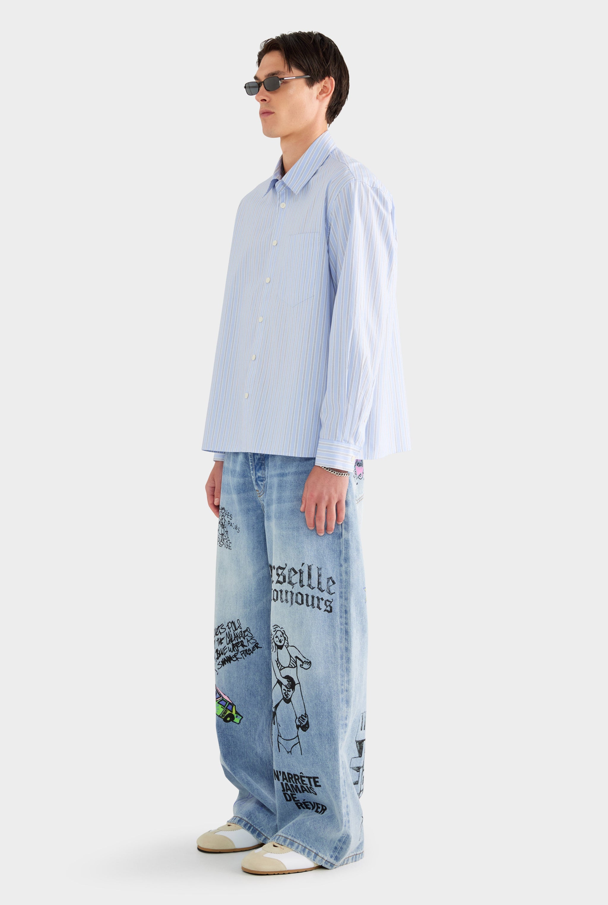 Long Sleeve Relaxed Cotton Poplin Shirt - Blue/White/Navy Stripe