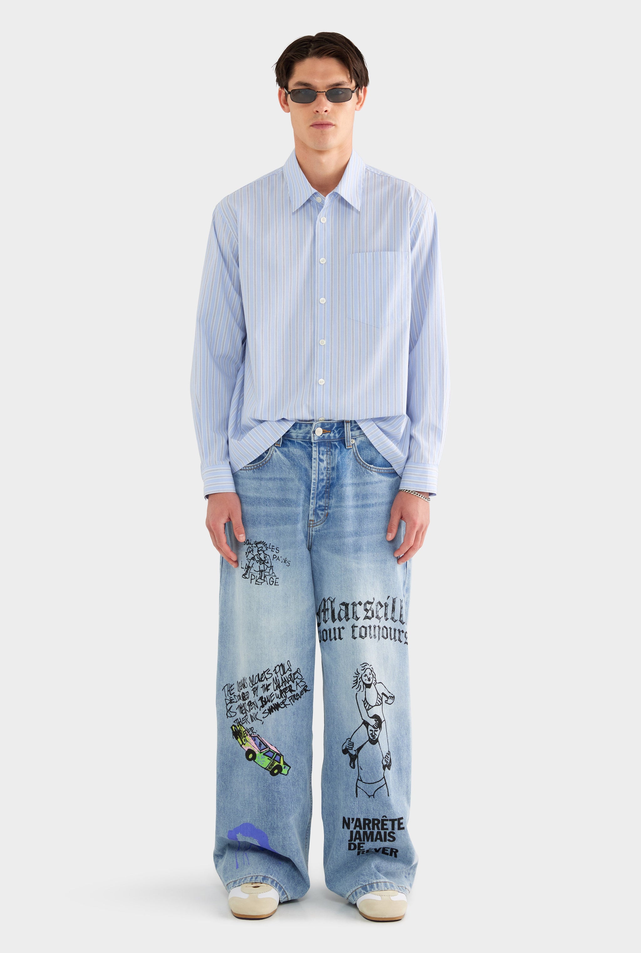 Graffiti Baggy Denim Jean - Marseille Grafitti/Light Blue