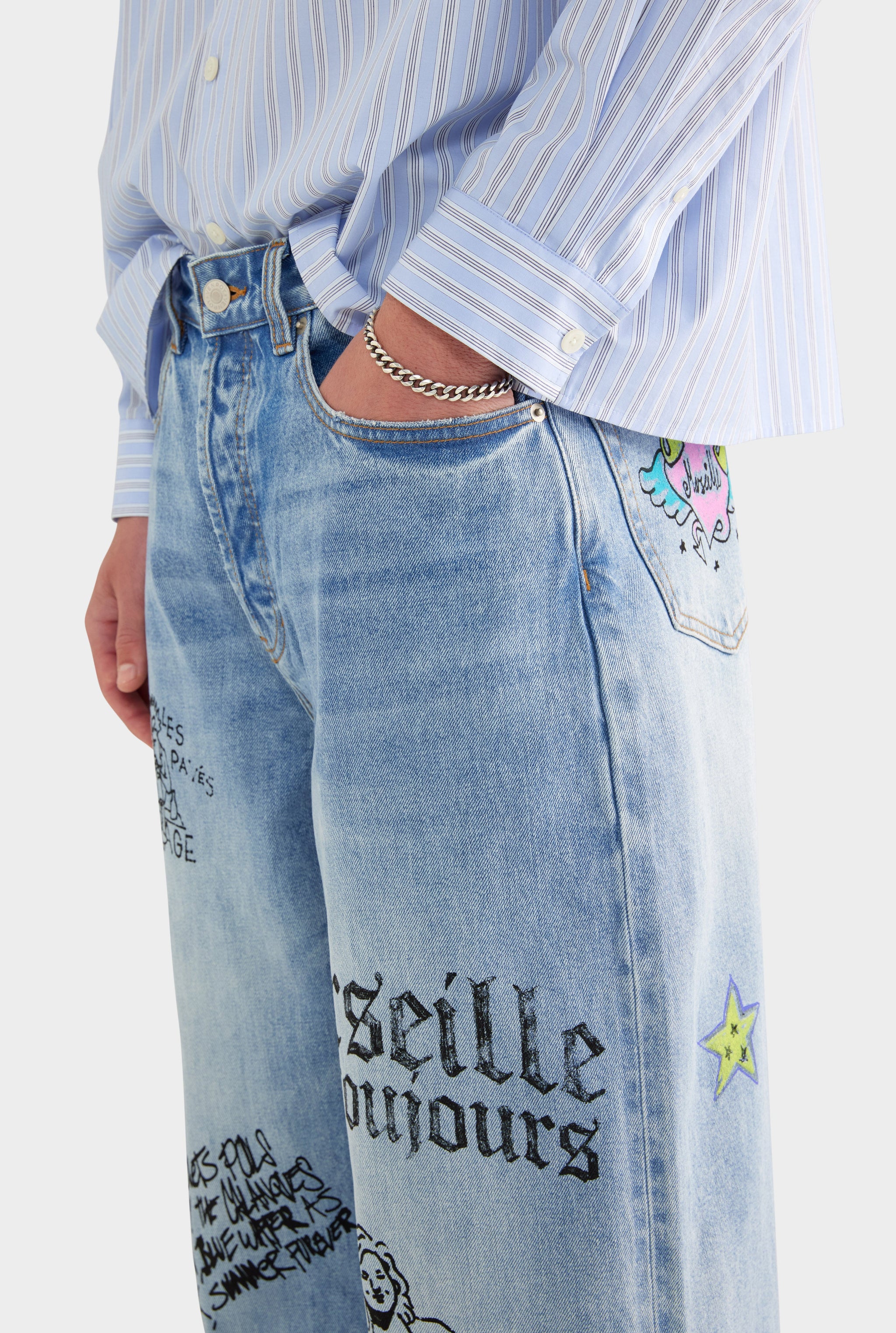 Graffiti Baggy Denim Jean - Marseille Grafitti/Light Blue