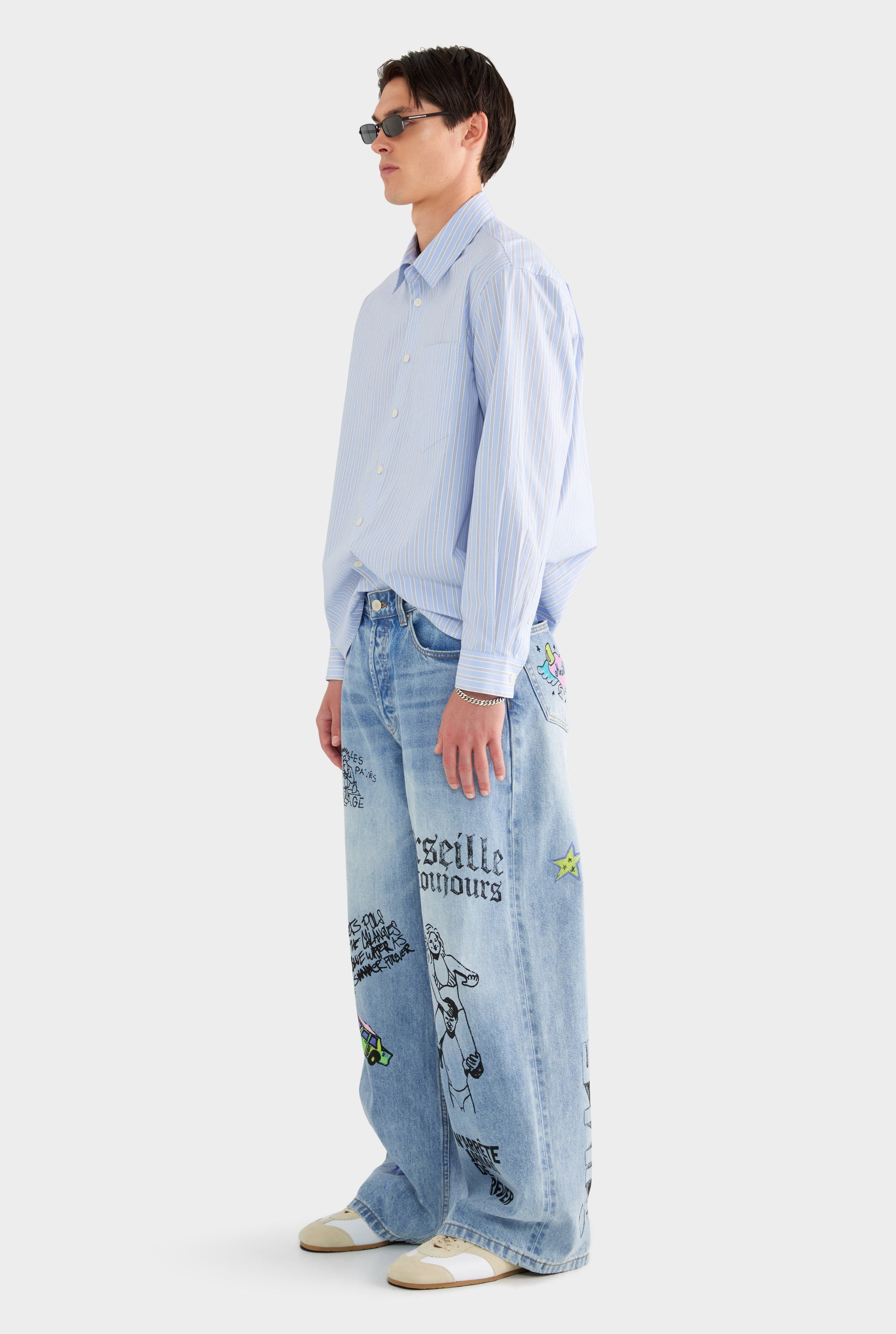 Graffiti Baggy Denim Jean - Marseille Grafitti/Light Blue