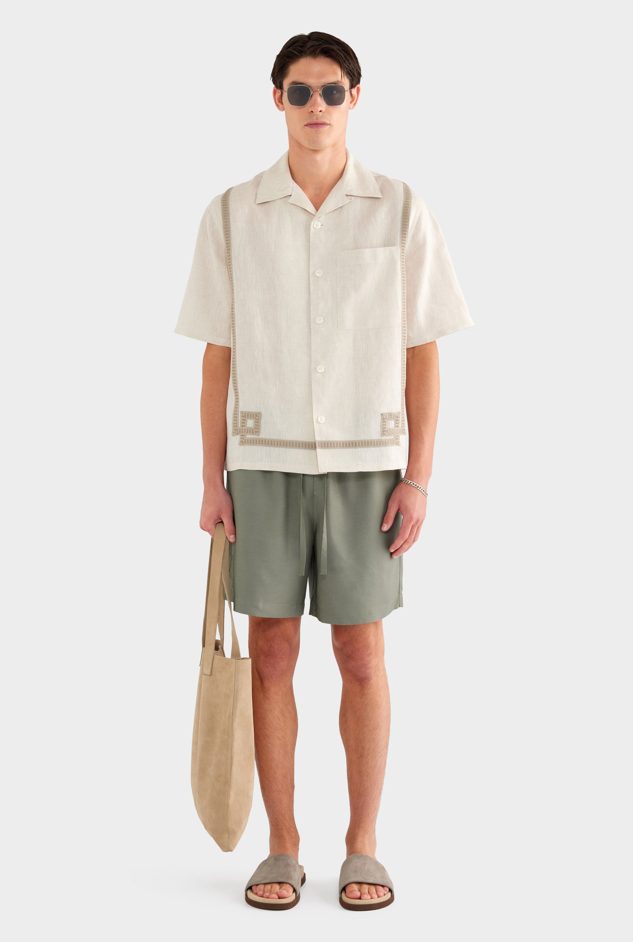 Tape Border Linen Camp Collar Shirt - Sand
