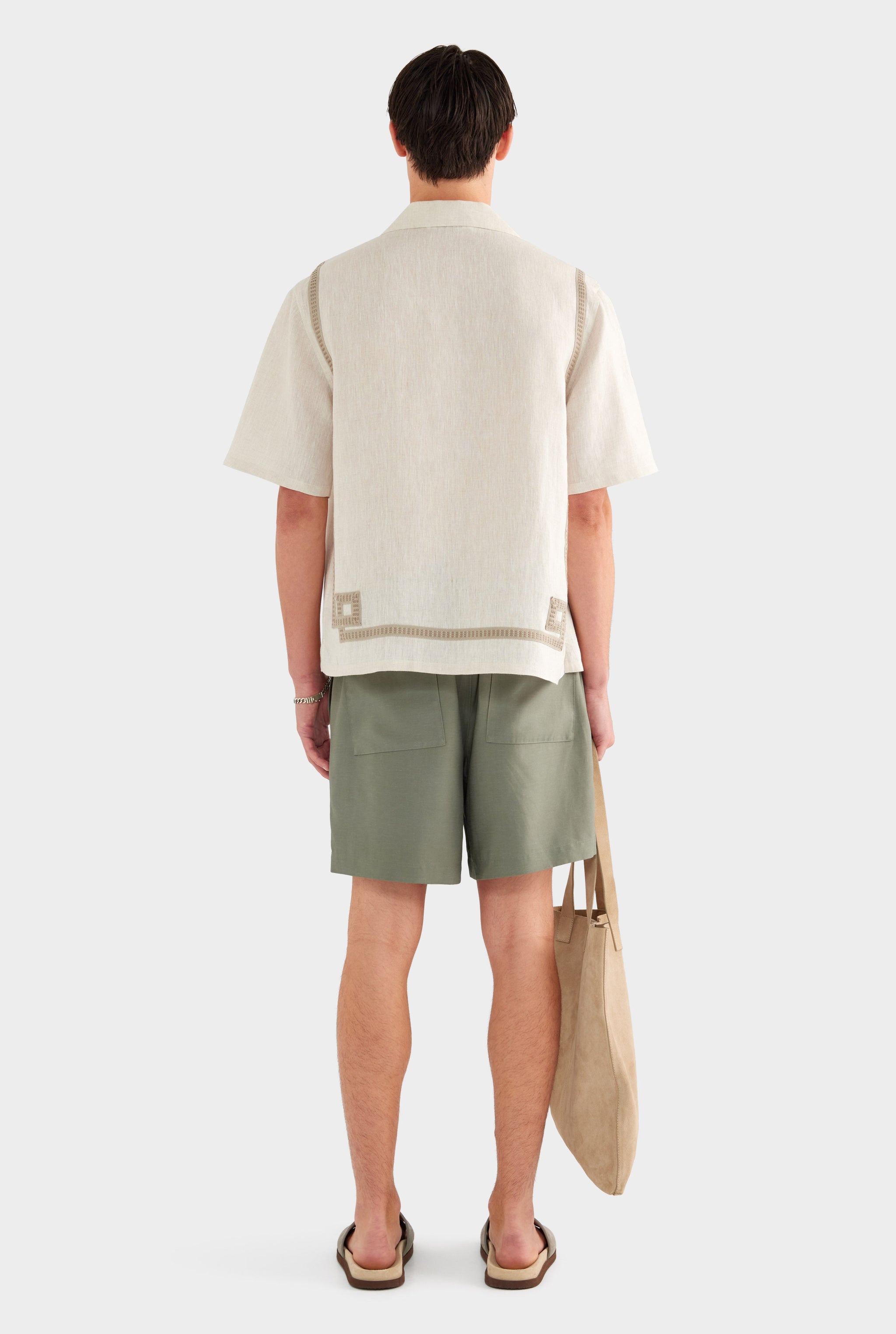 Tape Border Linen Camp Collar Shirt - Sand