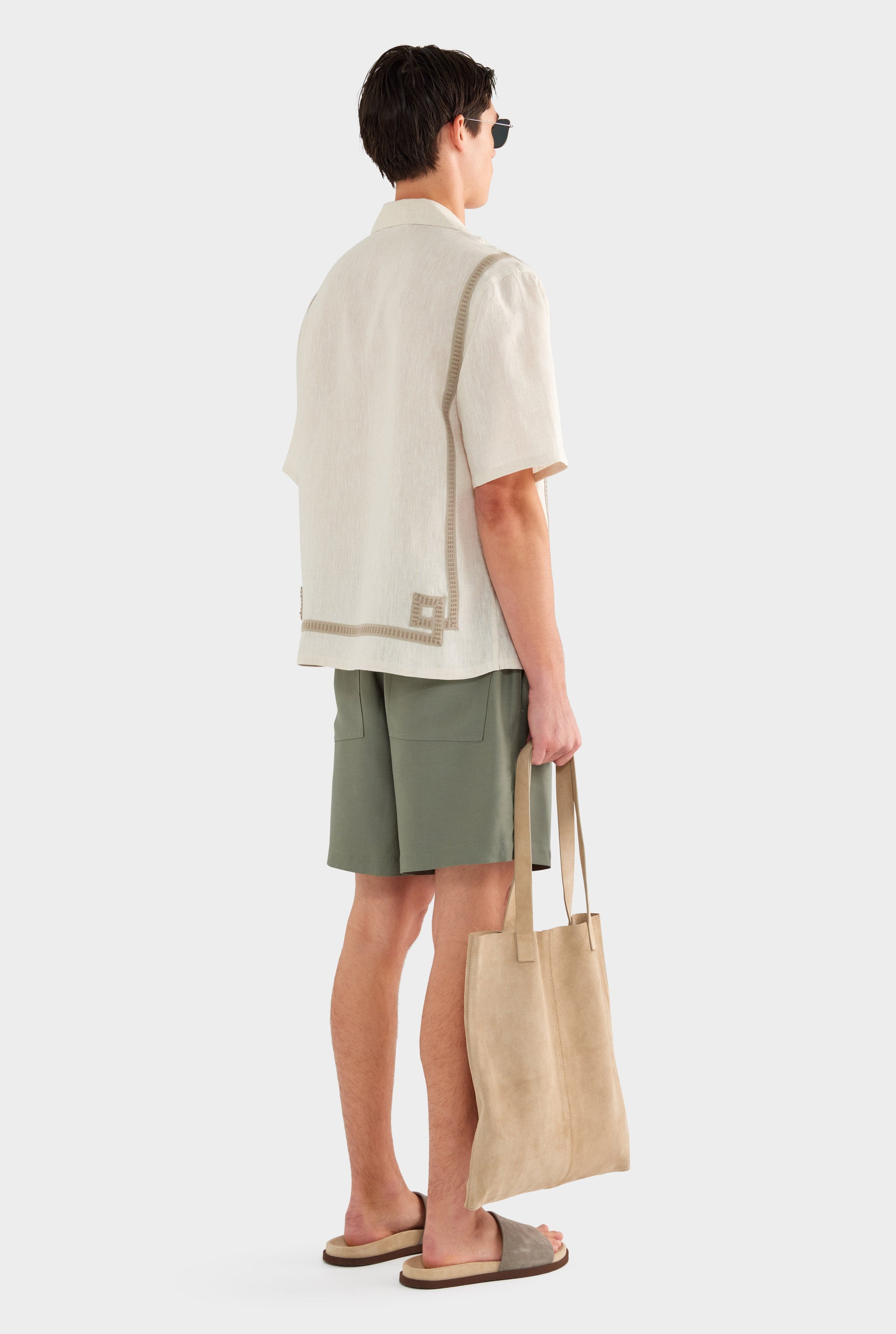 Tape Border Linen Camp Collar Shirt - Sand