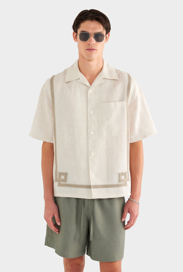 Tape Border Linen Camp Collar Shirt - Sand