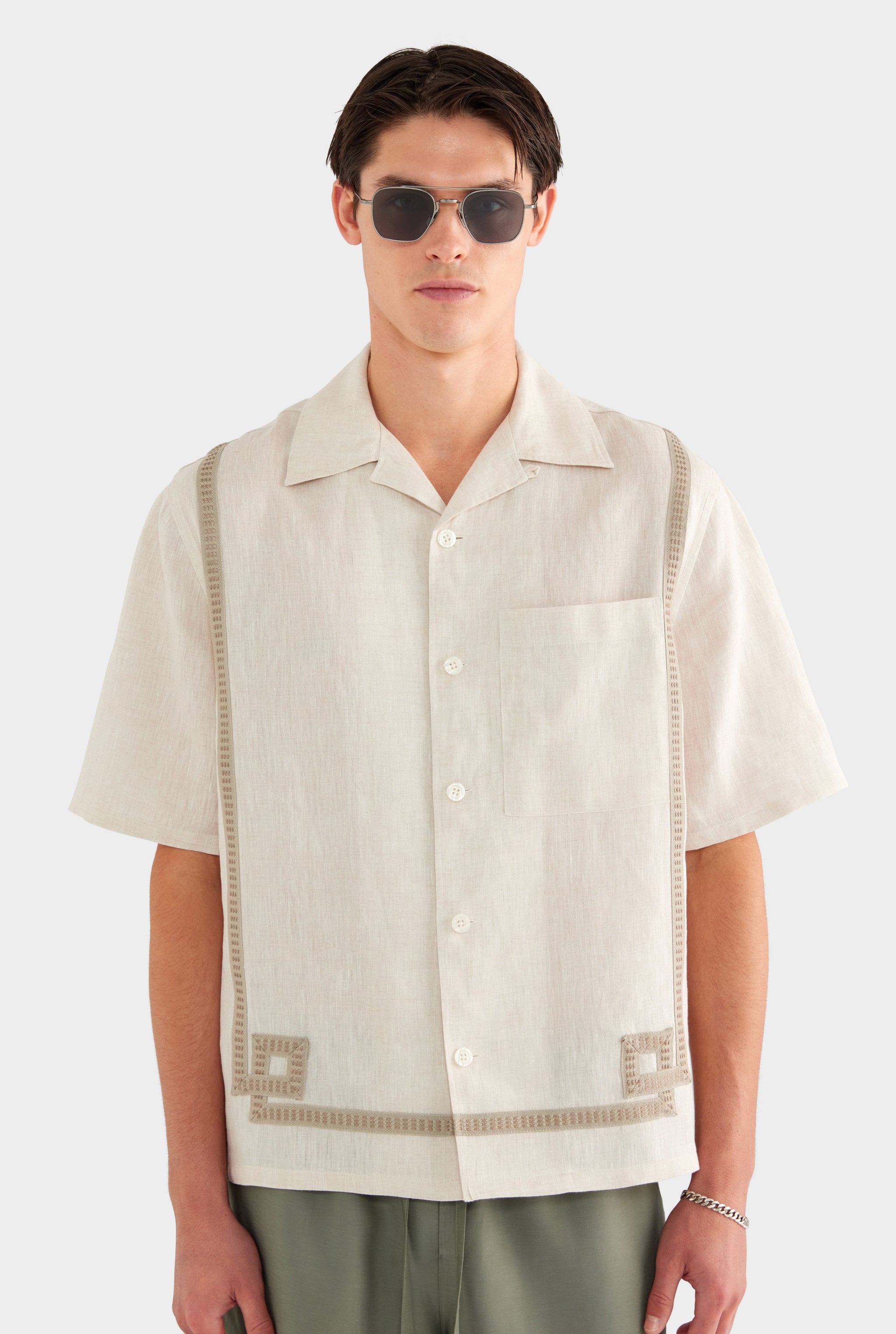 Tape Border Linen Camp Collar Shirt - Sand