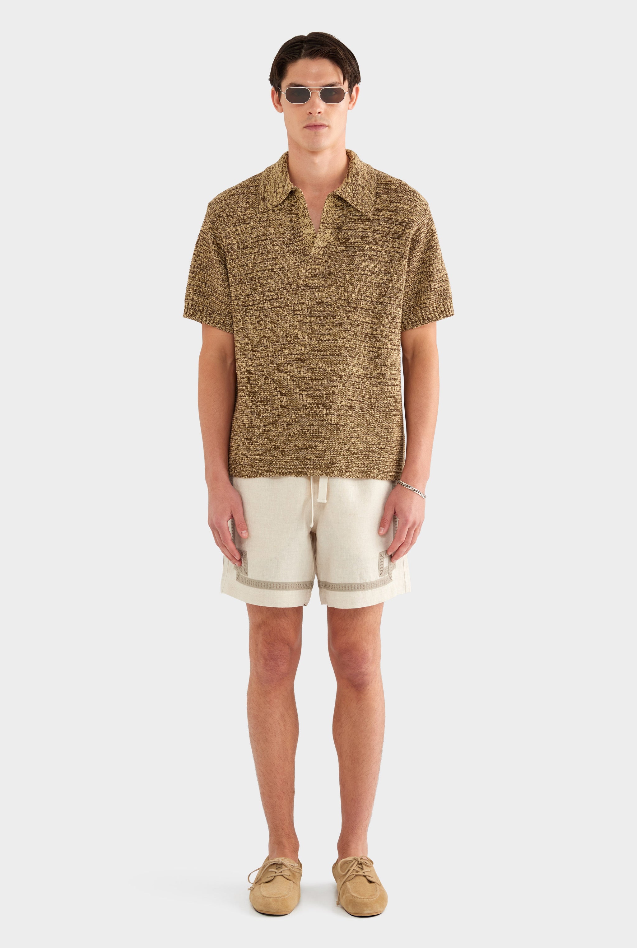 Marled Cotton Linen Polo - Brown/Wheat