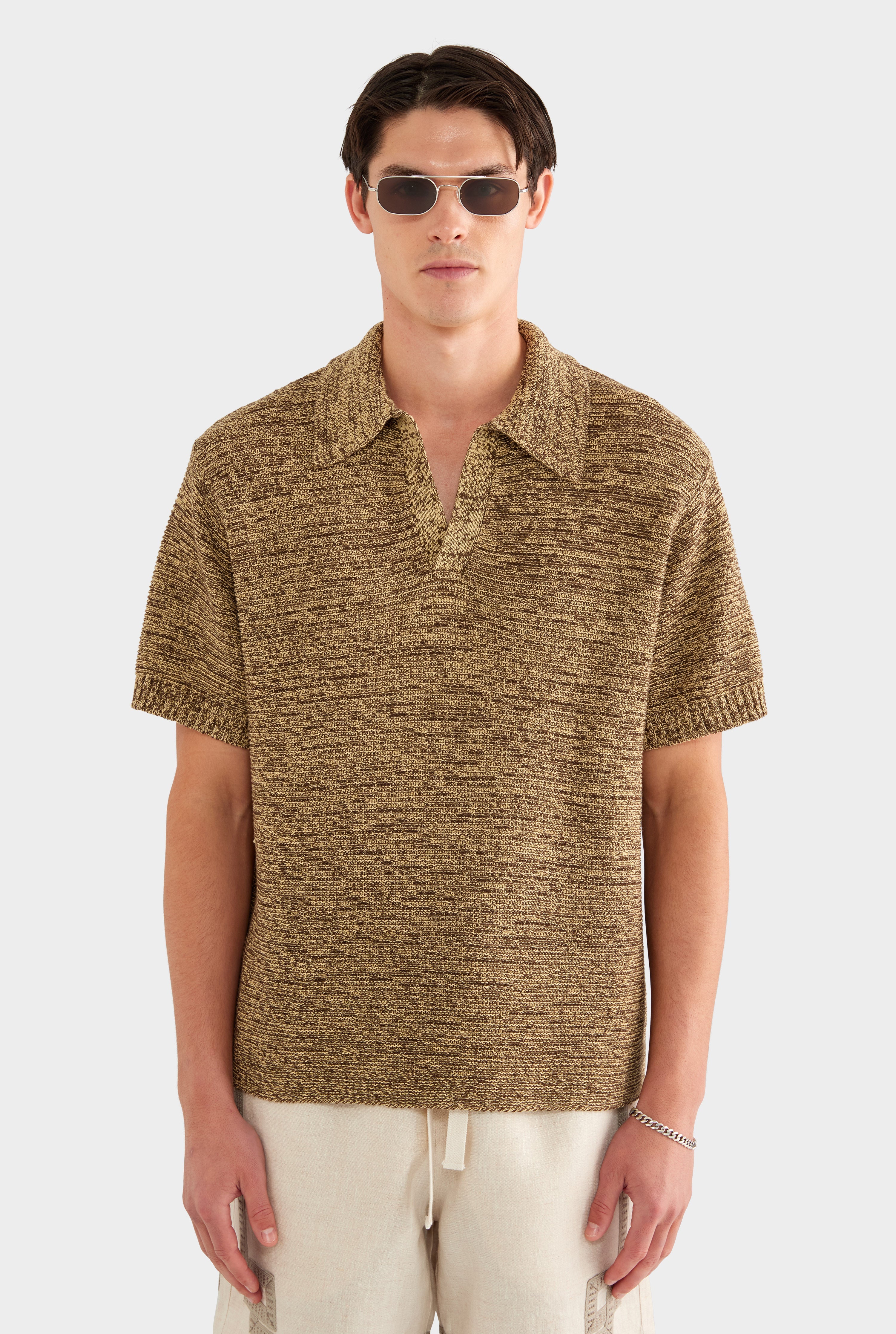 Marled Cotton Linen Polo - Brown/Wheat