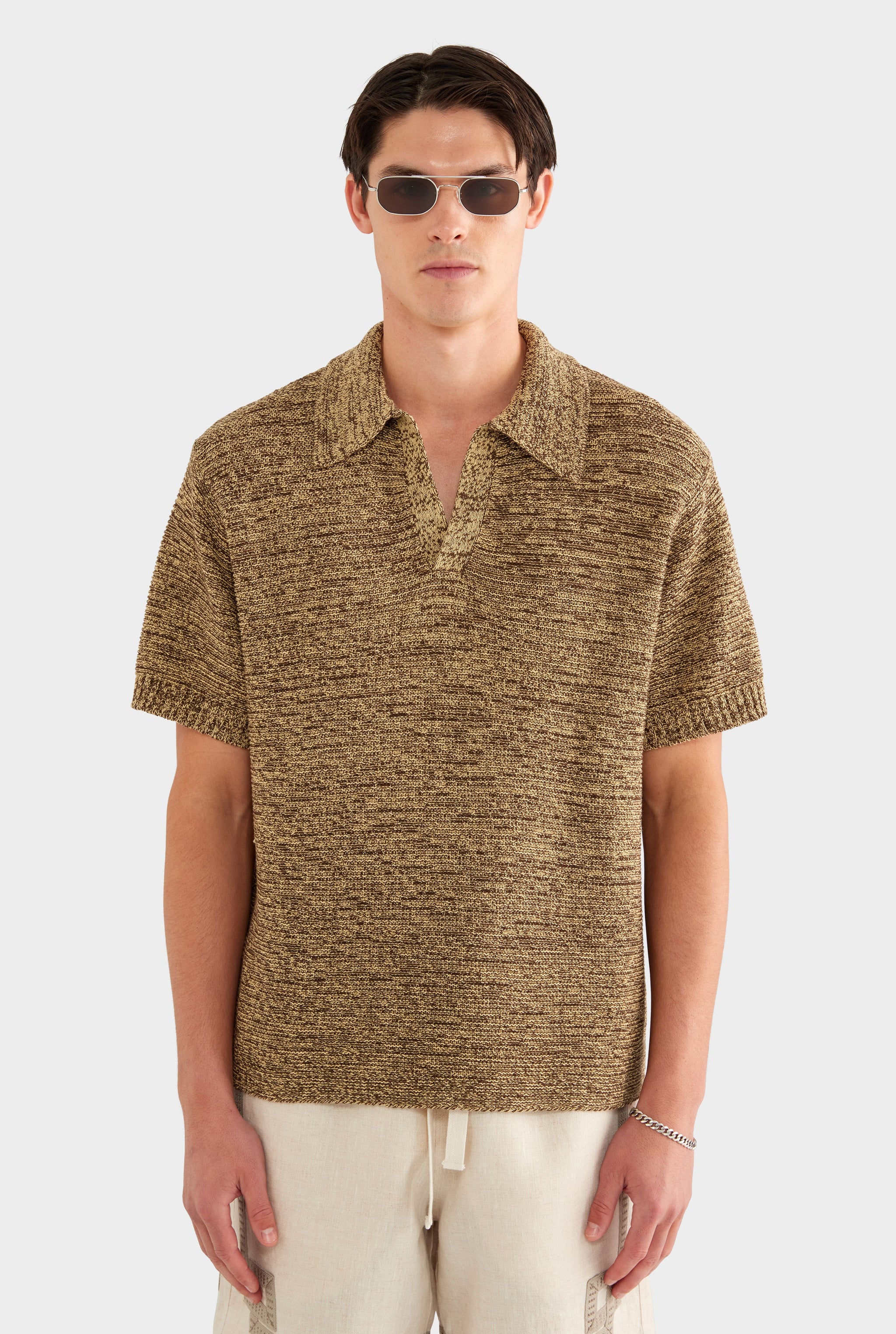Marled Cotton Linen Polo - Brown/Wheat