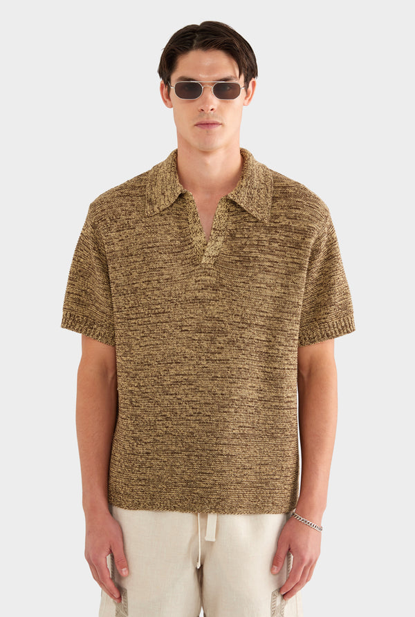 Marled Cotton Linen Polo - Brown/Wheat