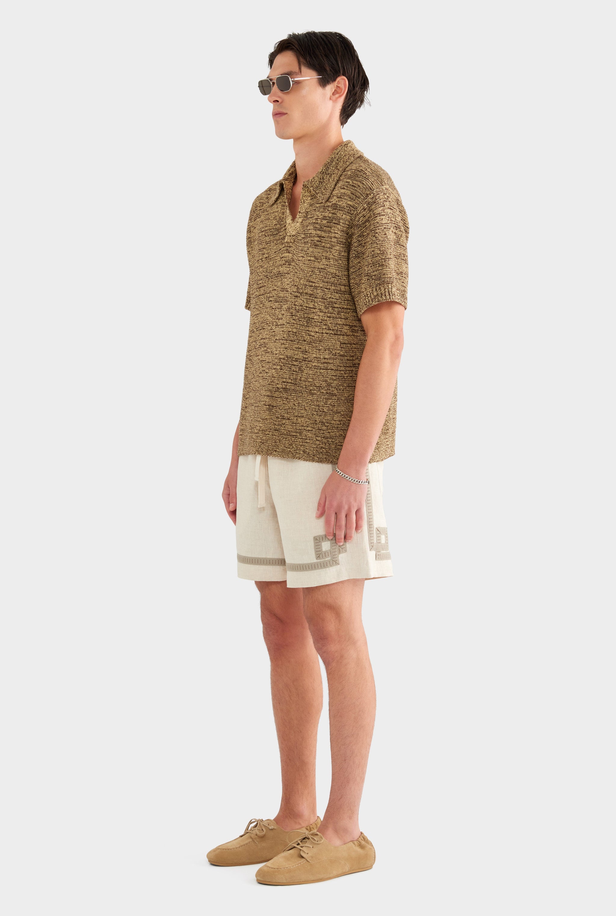 Marled Cotton Linen Polo - Brown/Wheat