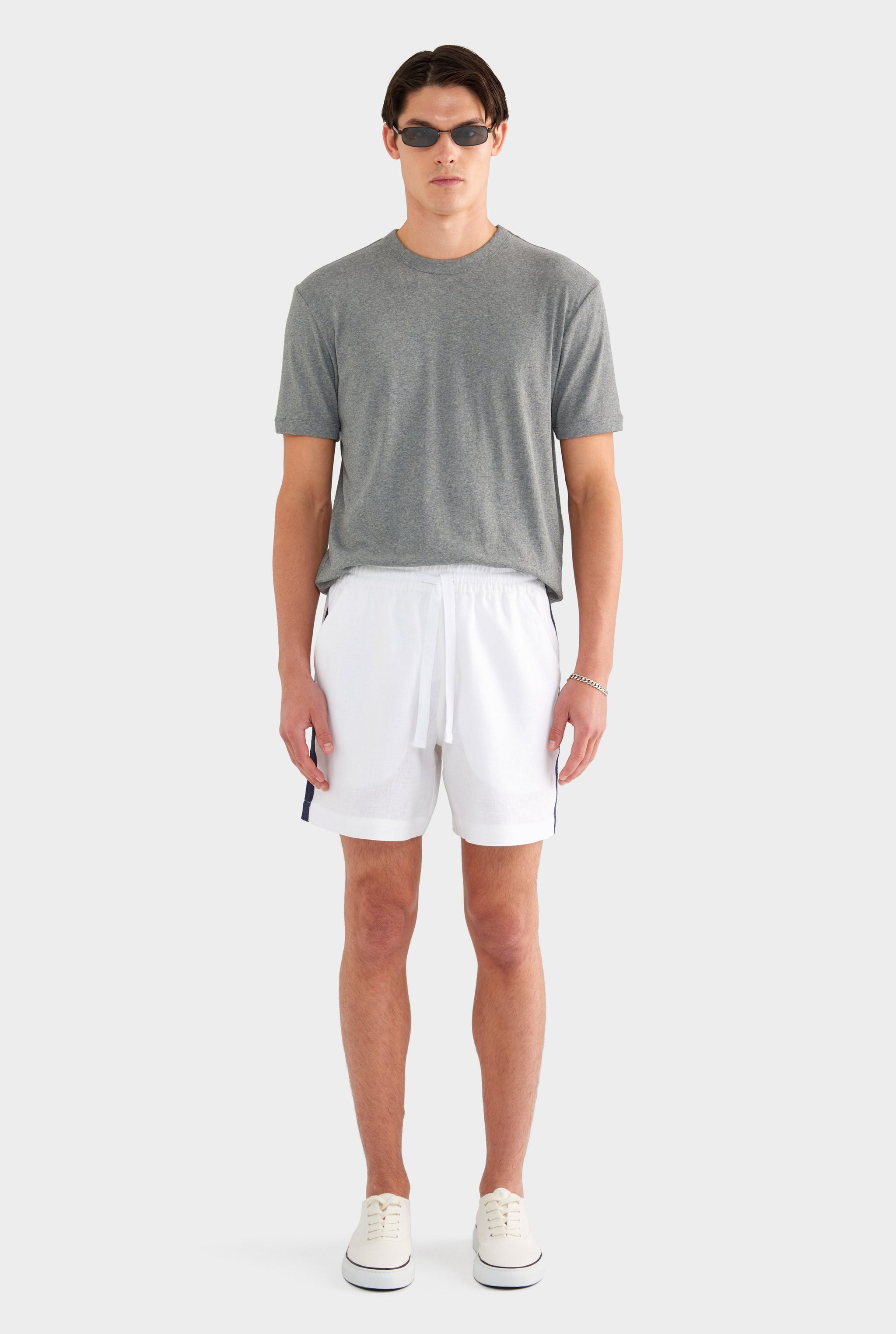 Linen Lounge Short - White / Navy Tape