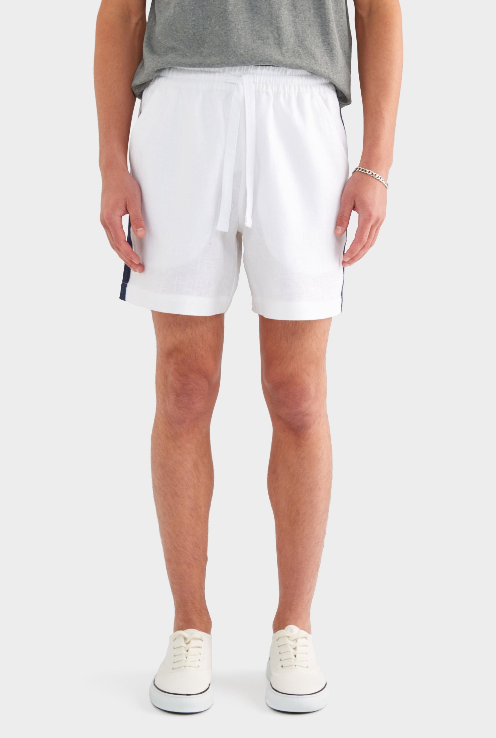 Linen Lounge Short - White / Navy Tape