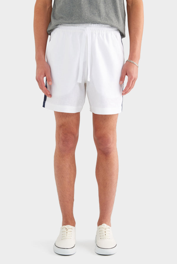 Linen Lounge Short - White / Navy Tape
