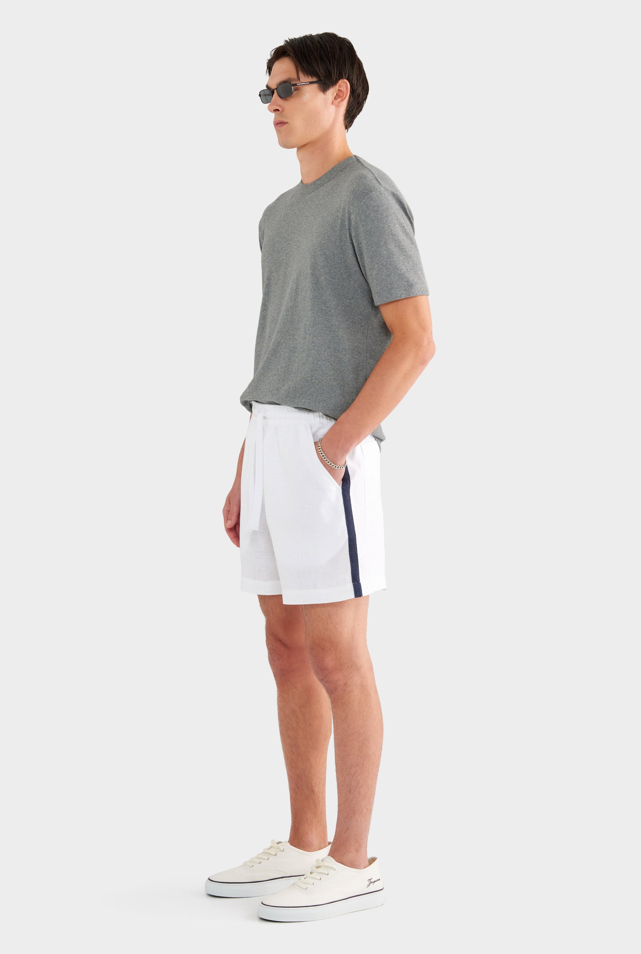 Linen Lounge Short - White / Navy Tape