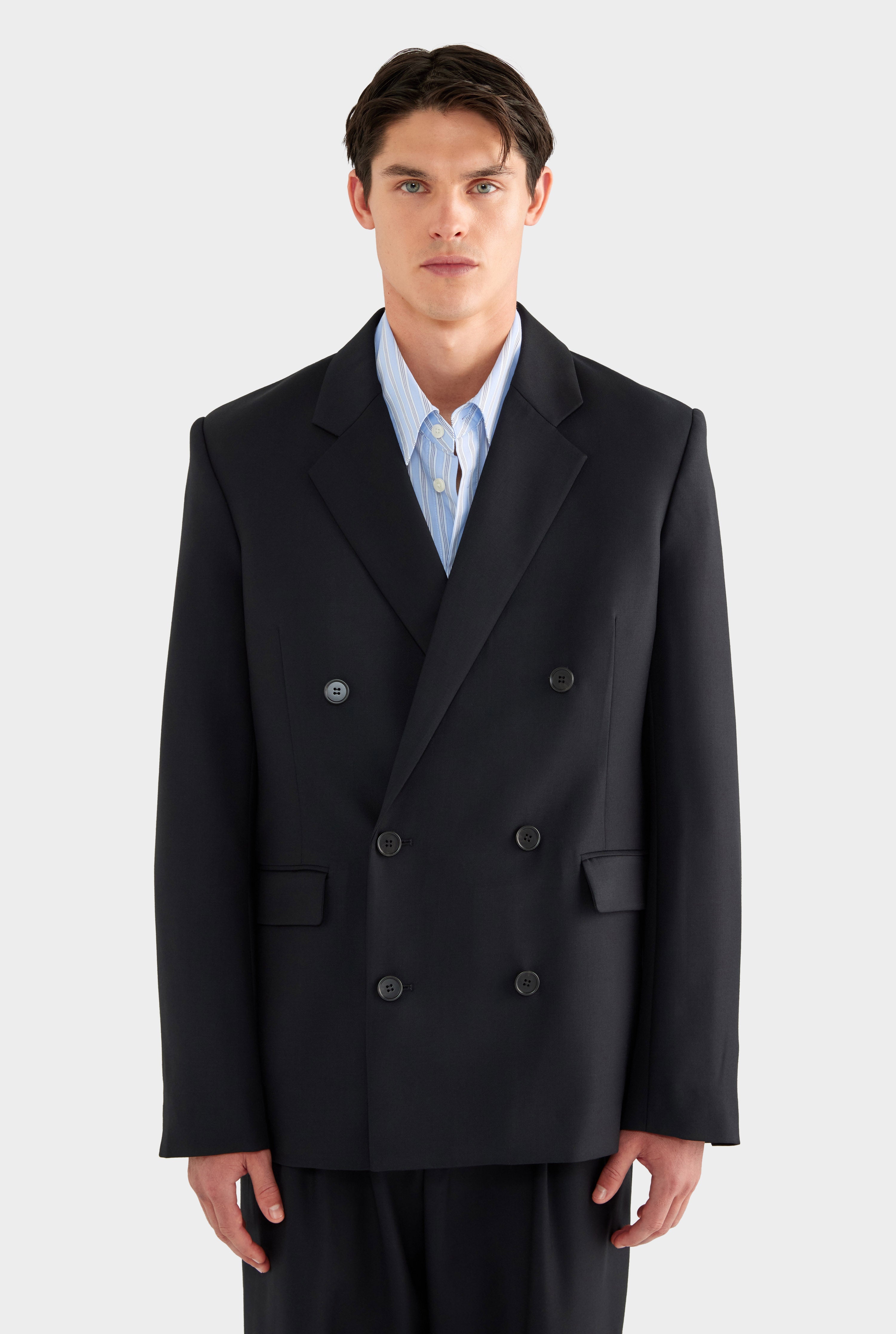 Tailored Wool Double Breasted Suit Jacket - Black