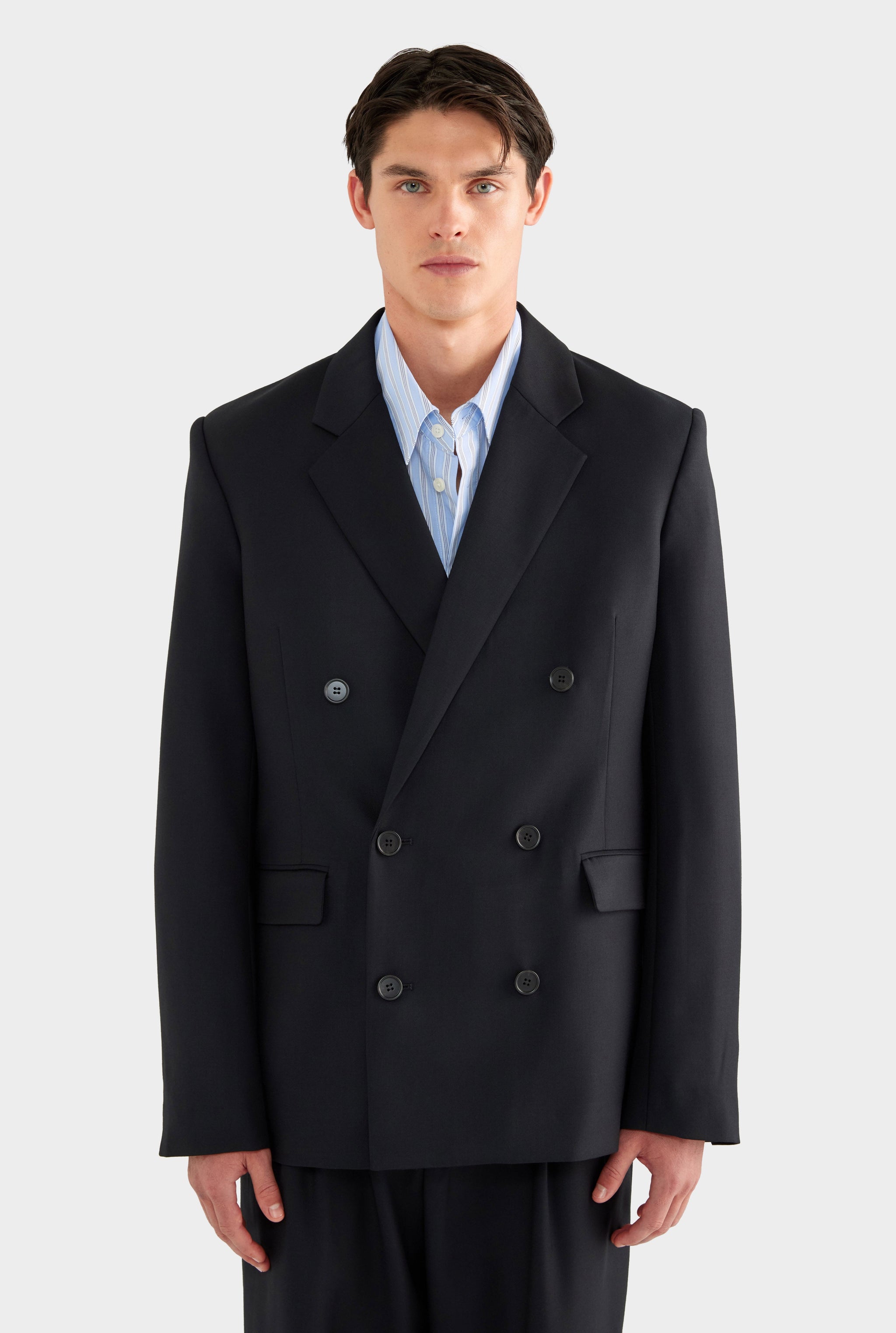 Tailored Wool Double Breasted Suit Jacket - Black