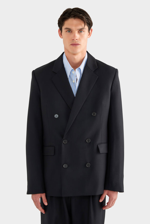 Tailored Wool Double Breasted Suit Jacket - Black