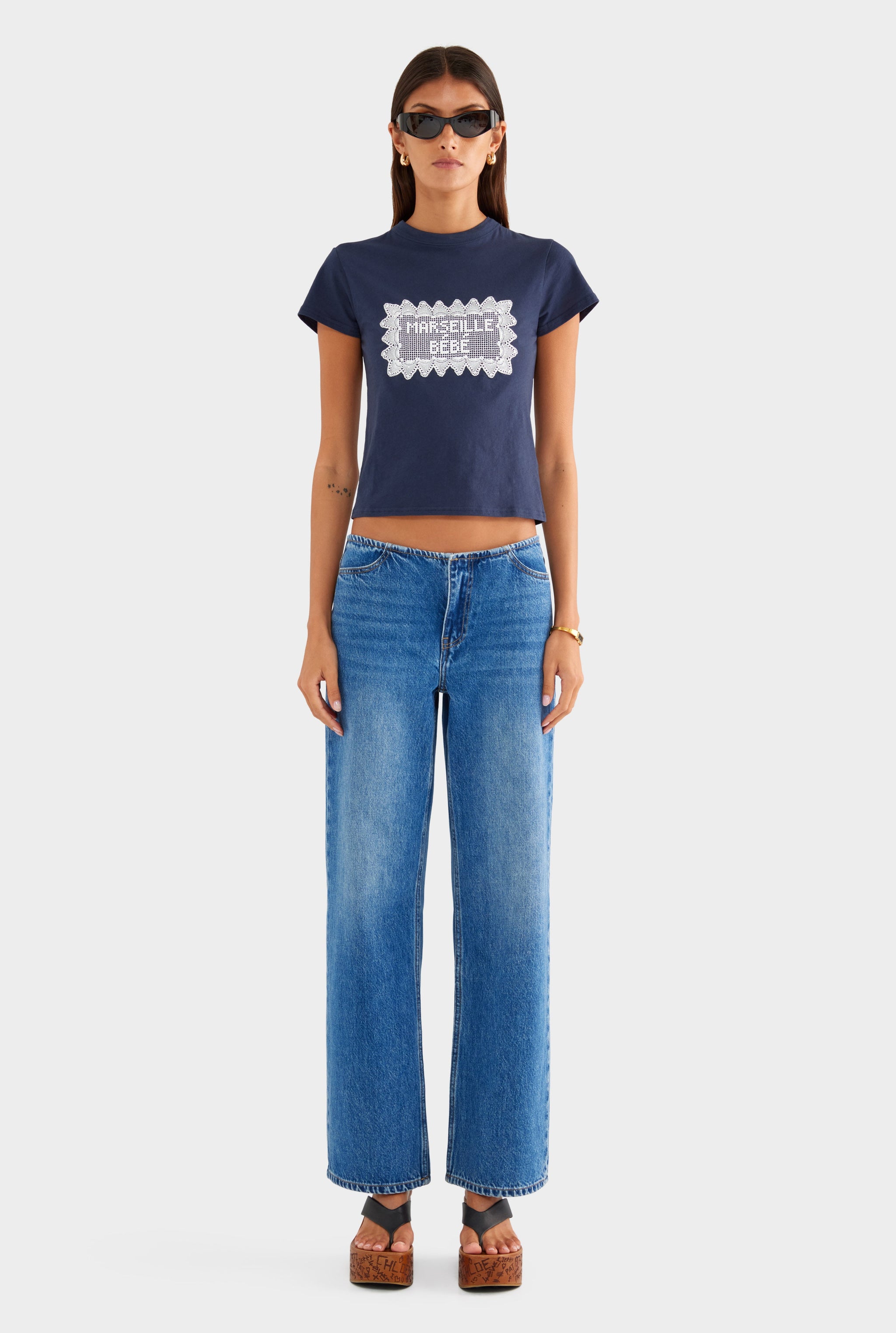 Lightweight Cotton Baby Tee - Navy/Marseille Doily
