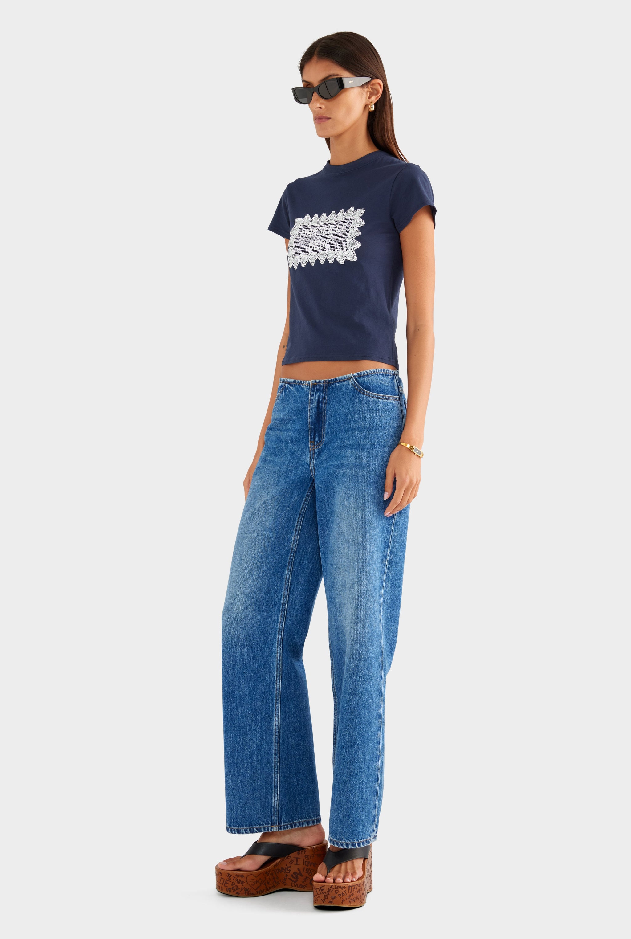 Lightweight Cotton Baby Tee - Navy/Marseille Doily