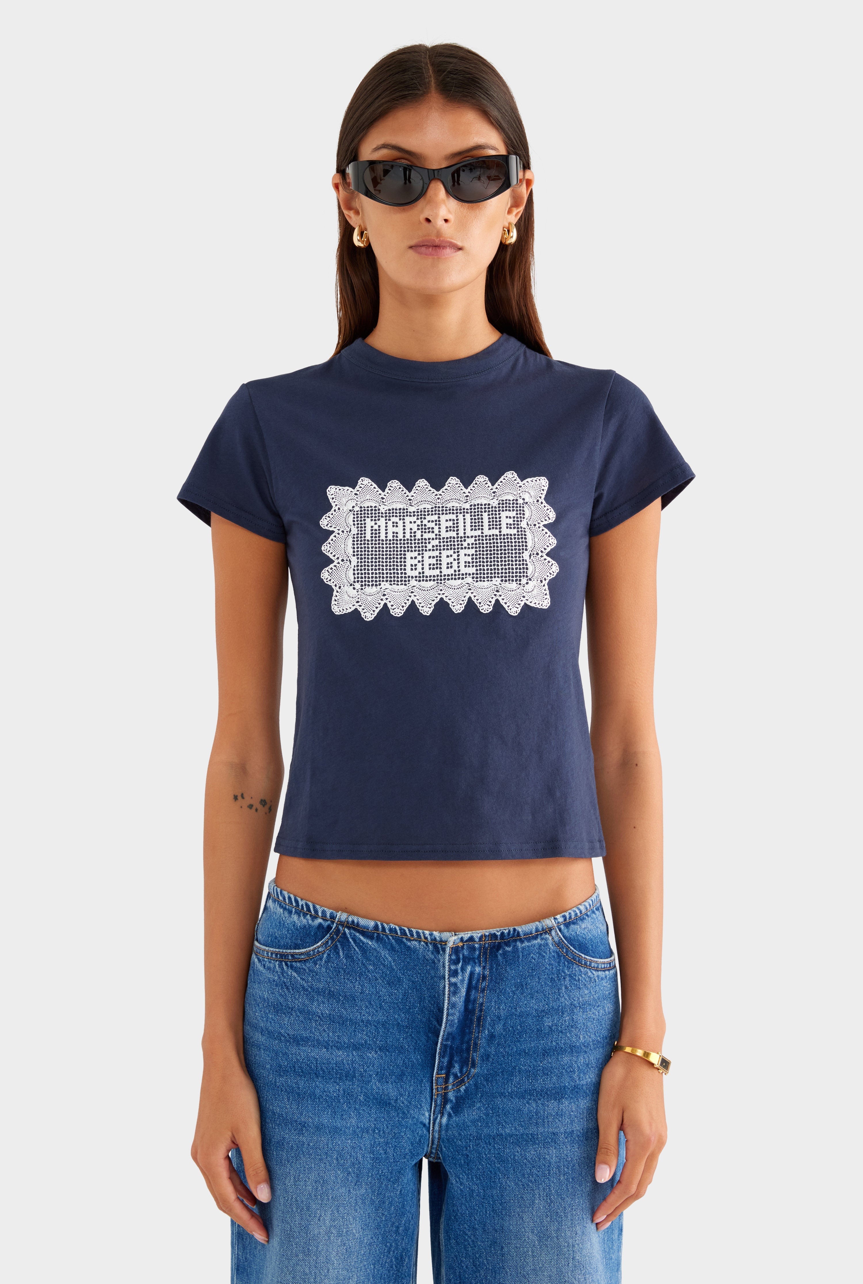 Lightweight Cotton Baby Tee - Navy/Marseille Doily