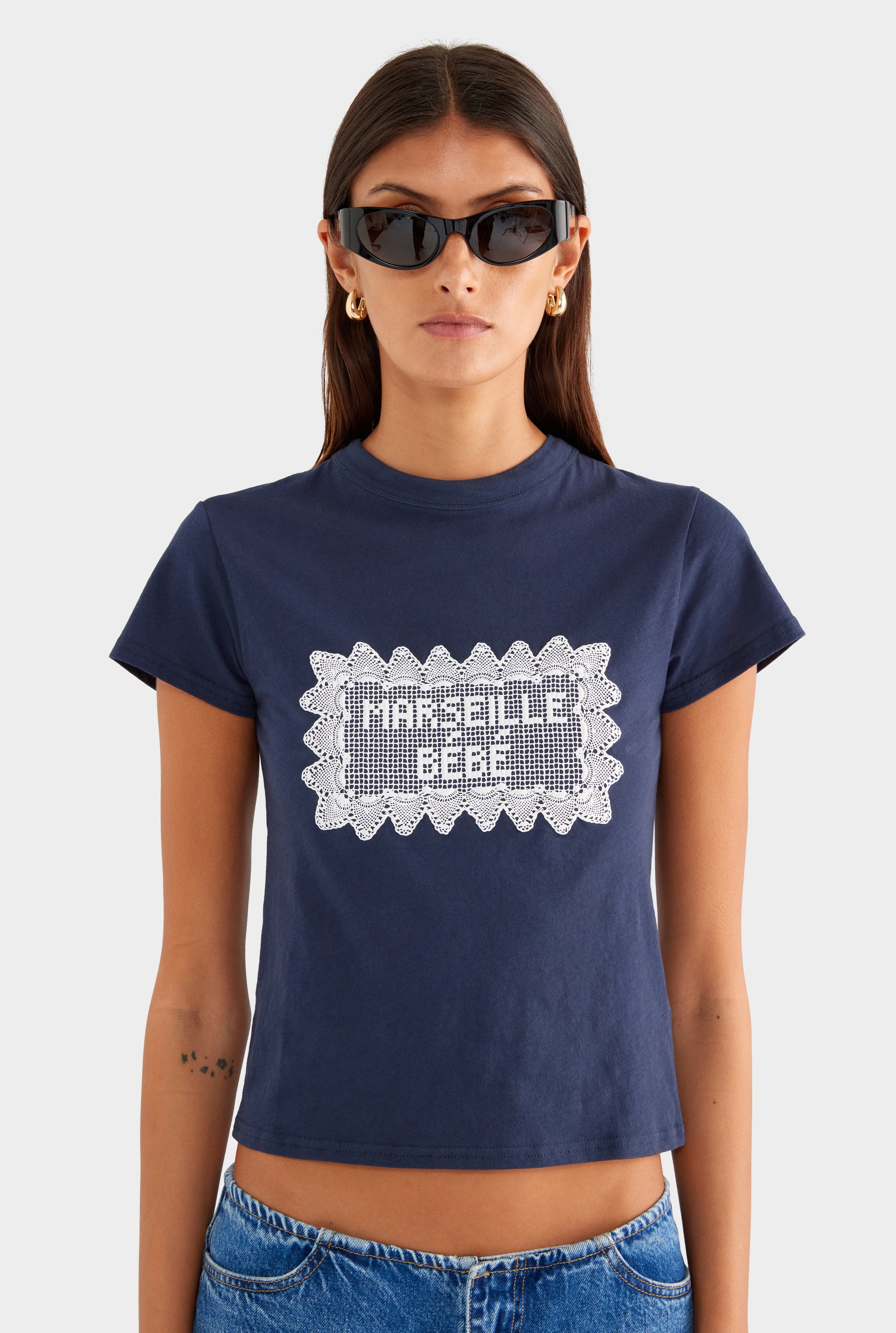 Lightweight Cotton Baby Tee - Navy/Marseille Doily