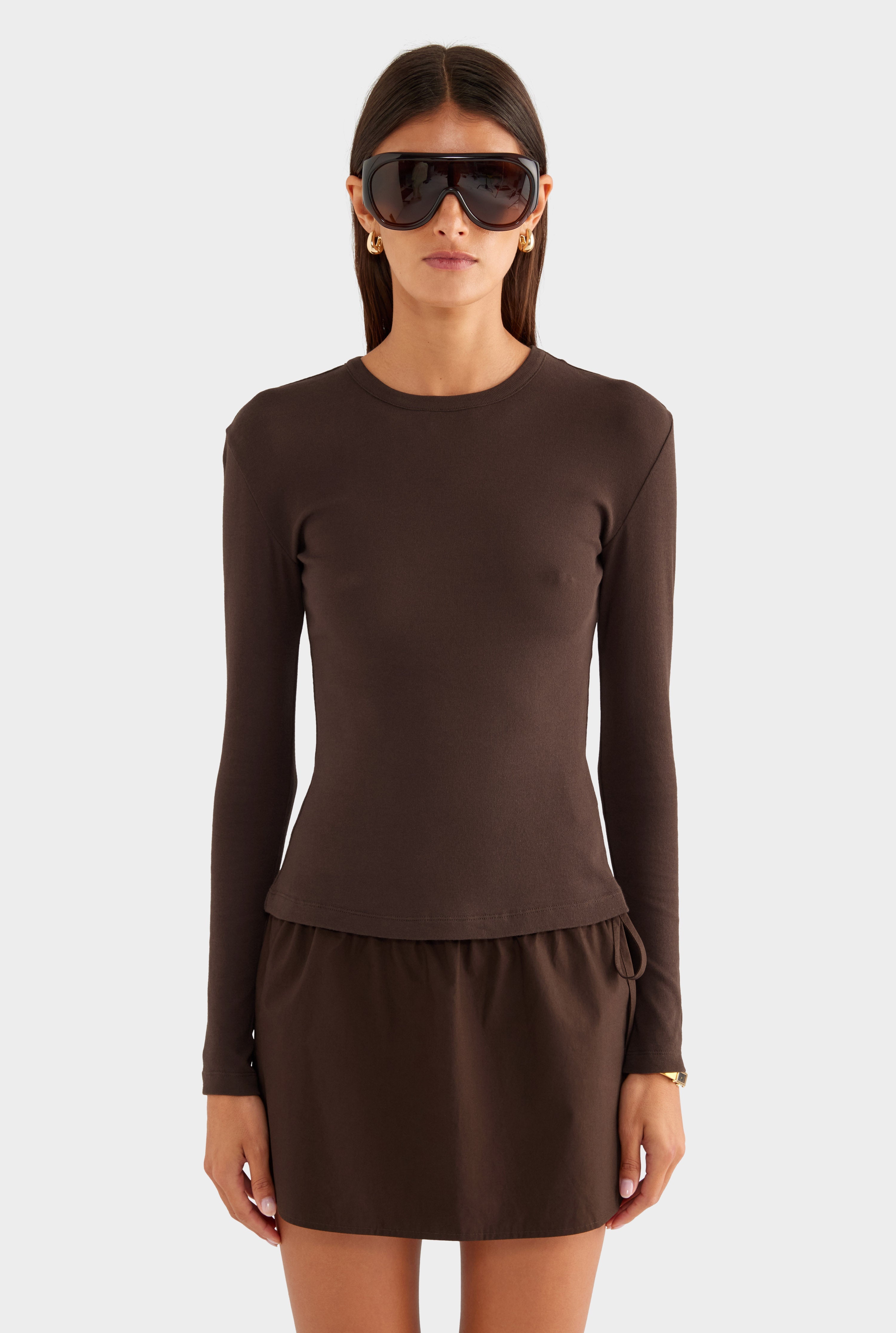 Cotton Rib Long Sleeve Tee - Dark Chocolate