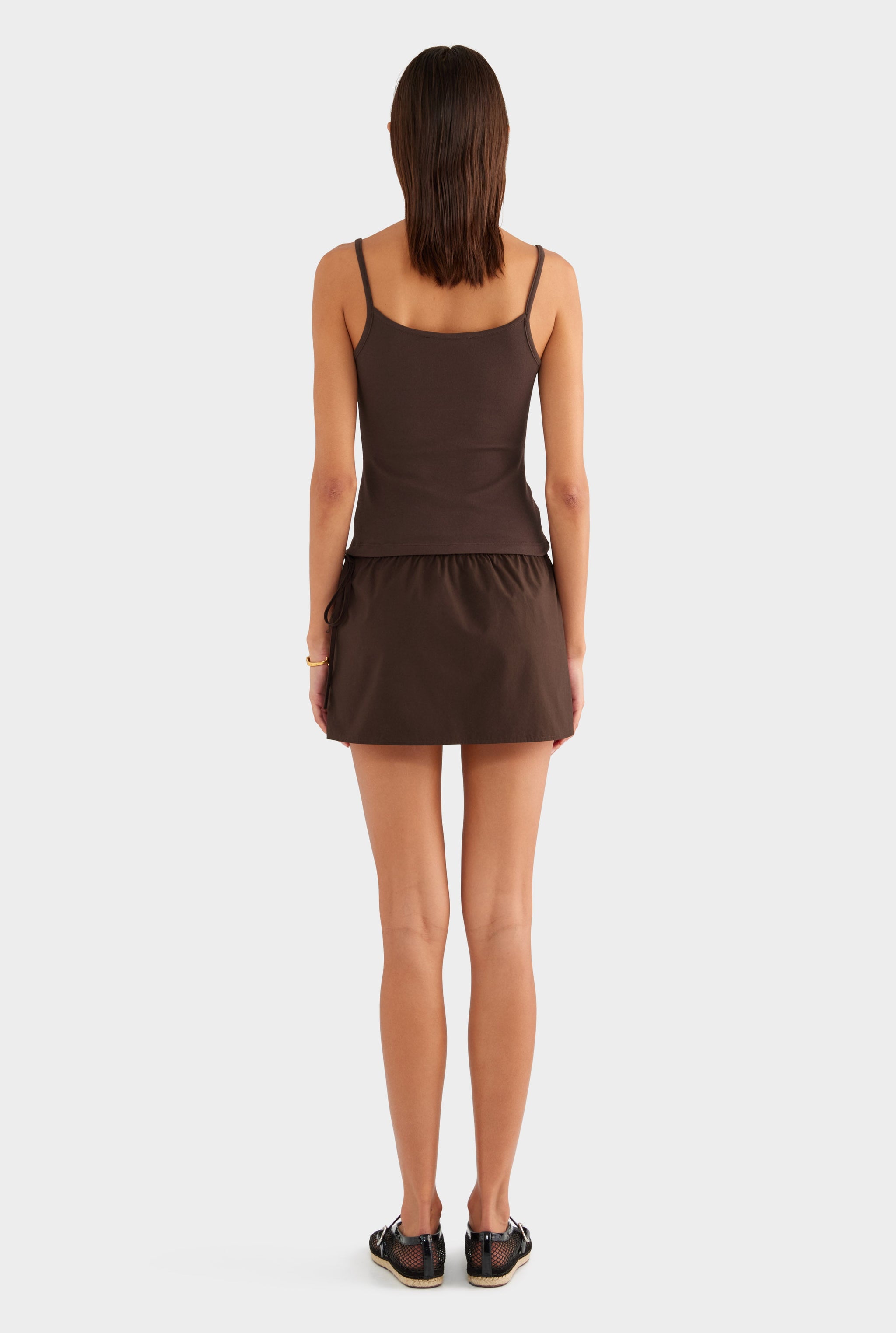 Cotton Poplin Drawstring Mini Skirt - Dark Chocolate