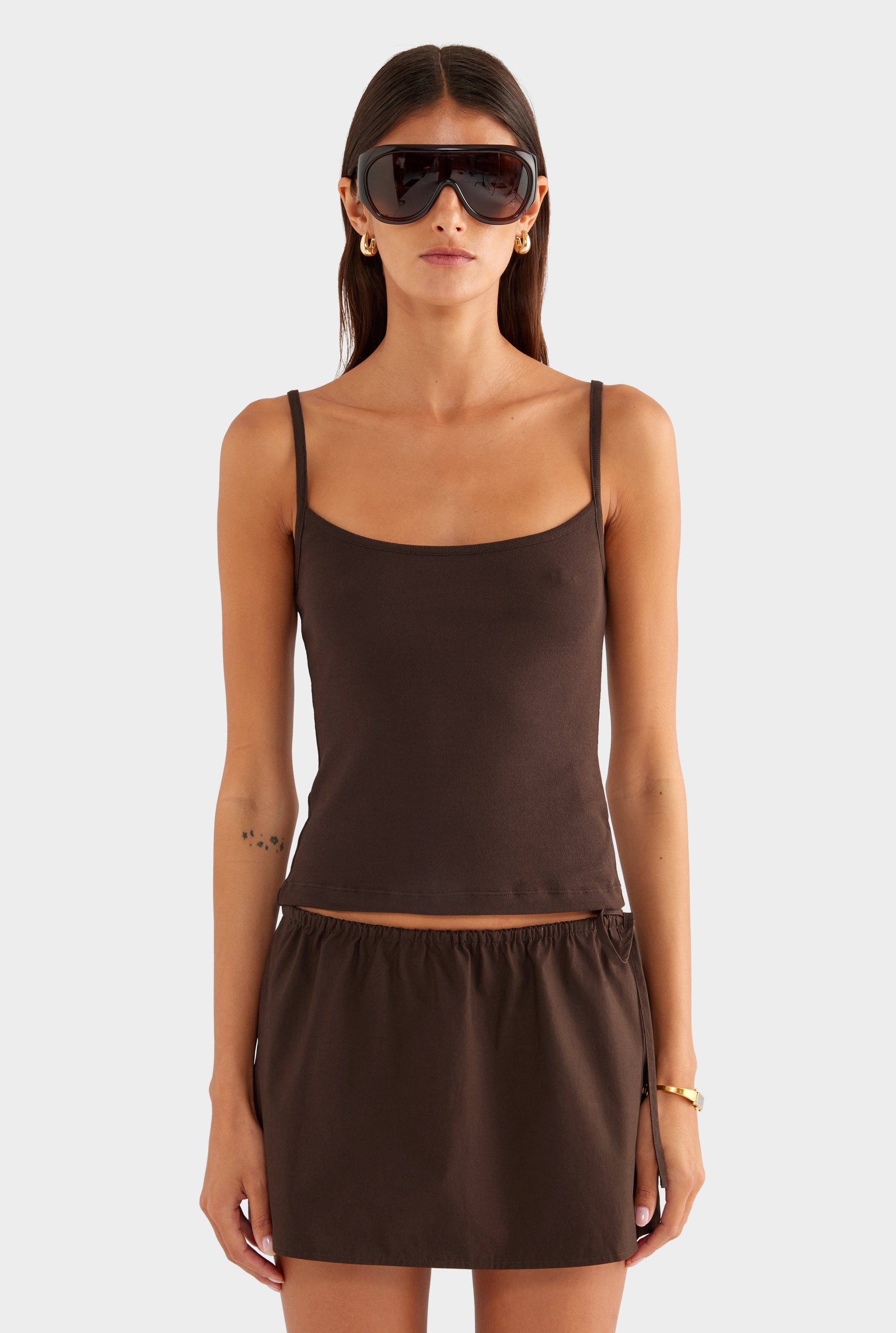 Cotton Poplin Drawstring Mini Skirt - Dark Chocolate