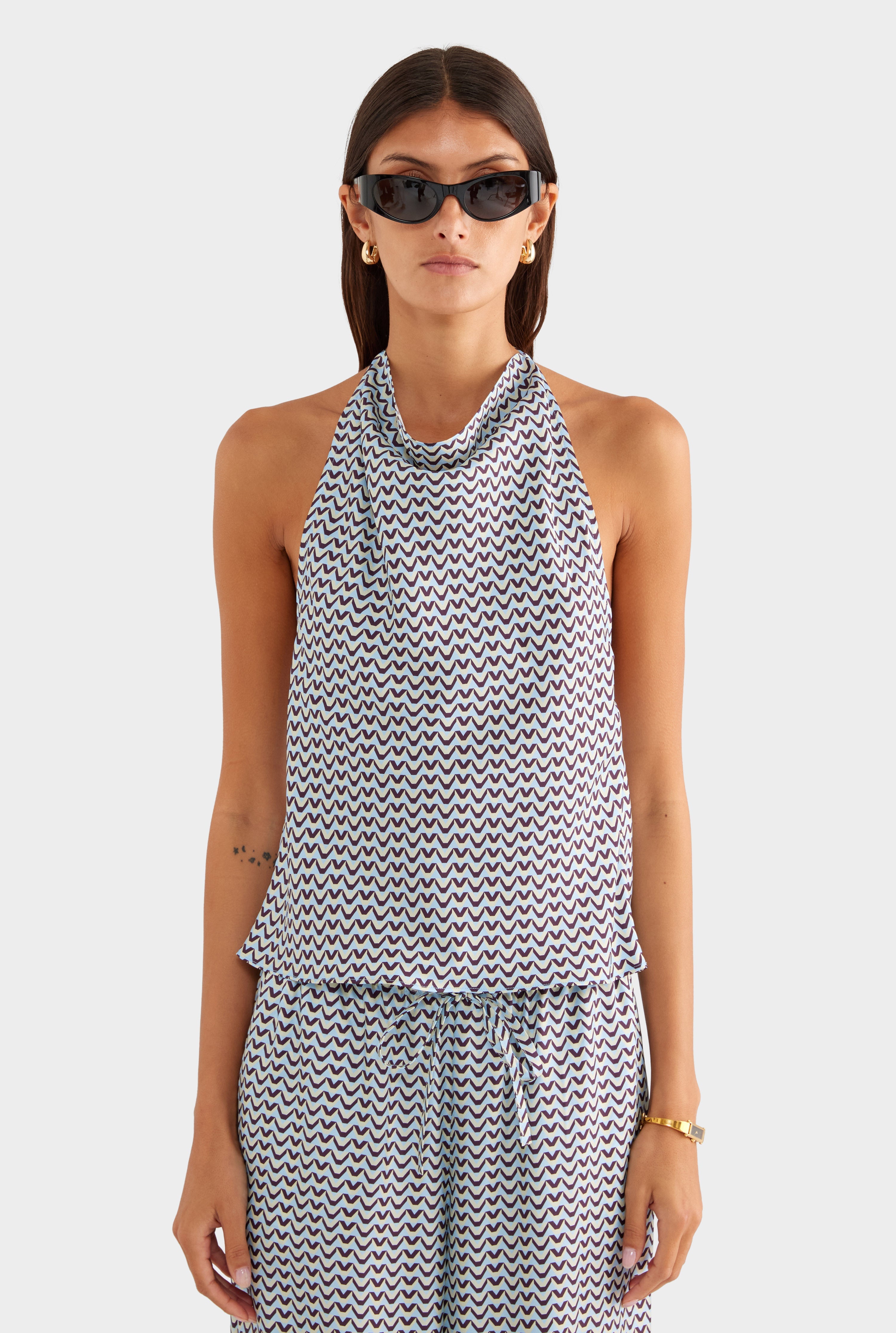 Silk High Neck Halter Top - Blue/Plum/Butter V Monogram
