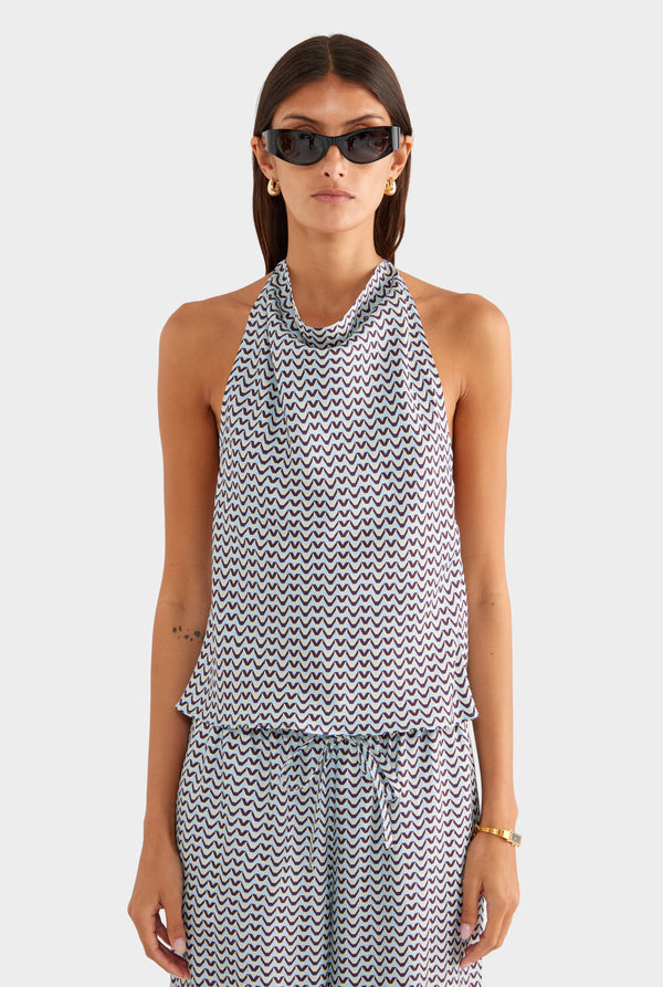 Silk High Neck Halter Top - Blue/Plum/Butter V Monogram