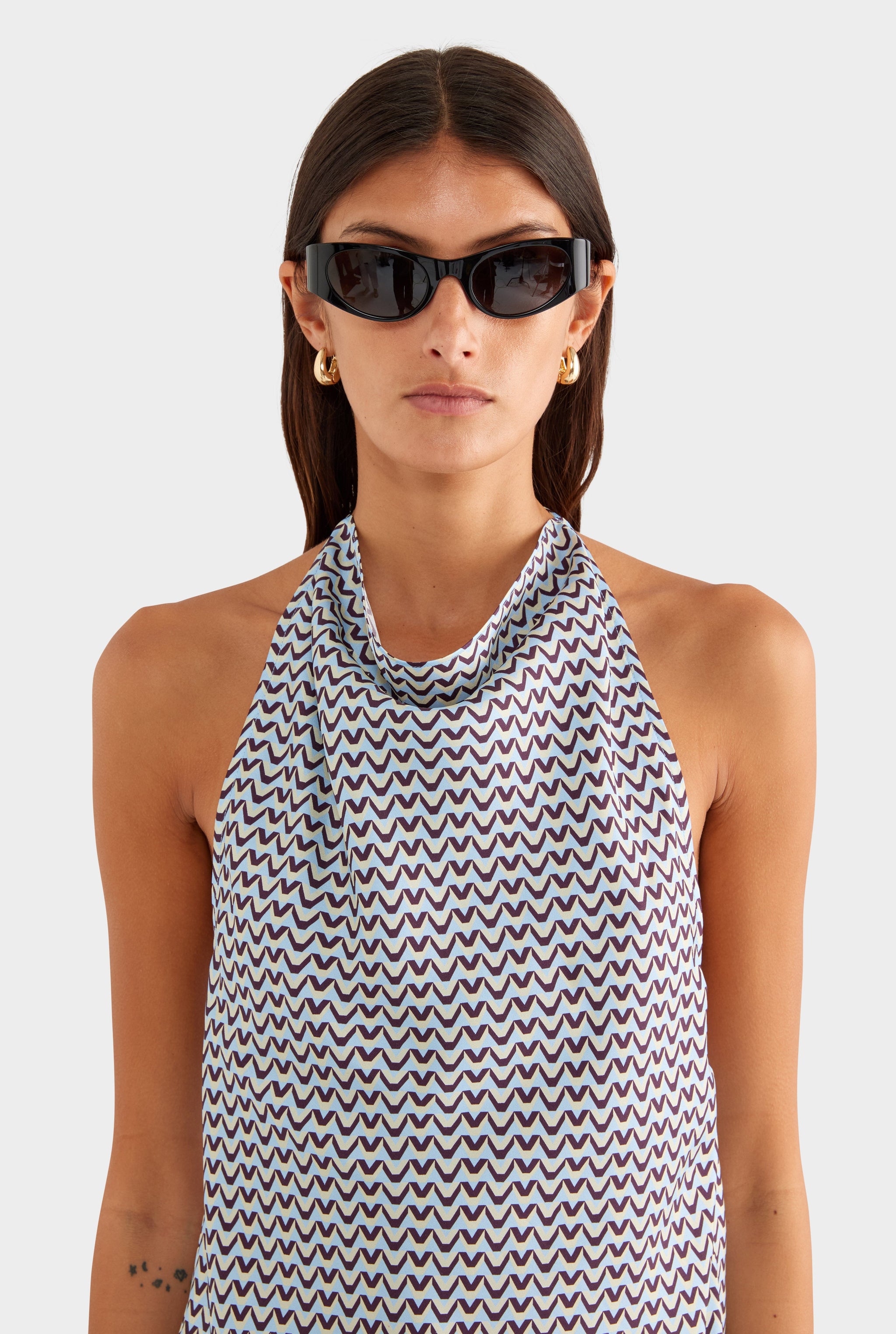 Silk High Neck Halter Top - Blue/Plum/Butter V Monogram