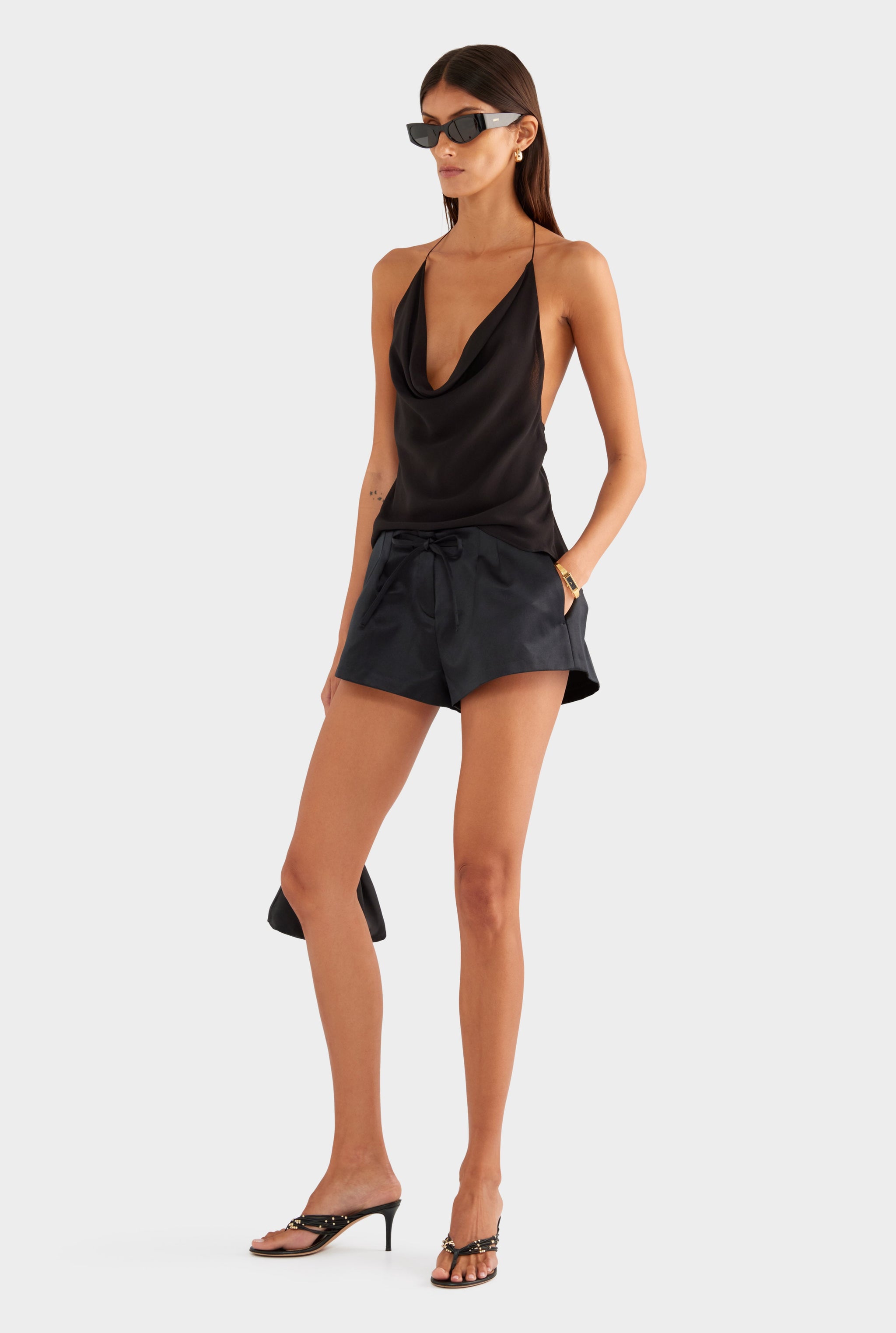 Silk Cowl Cross Back Halter - Black