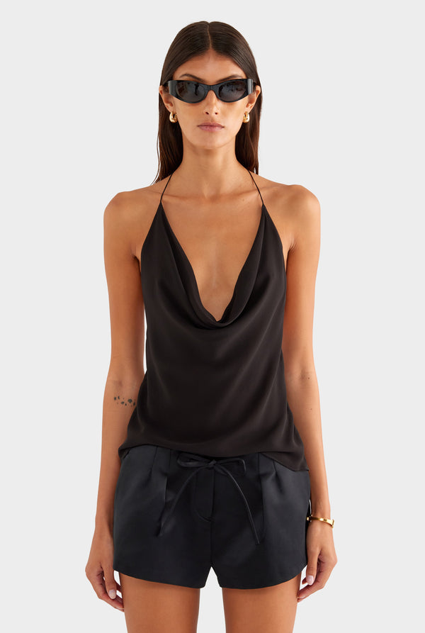 Silk Cowl Cross Back Halter - Black
