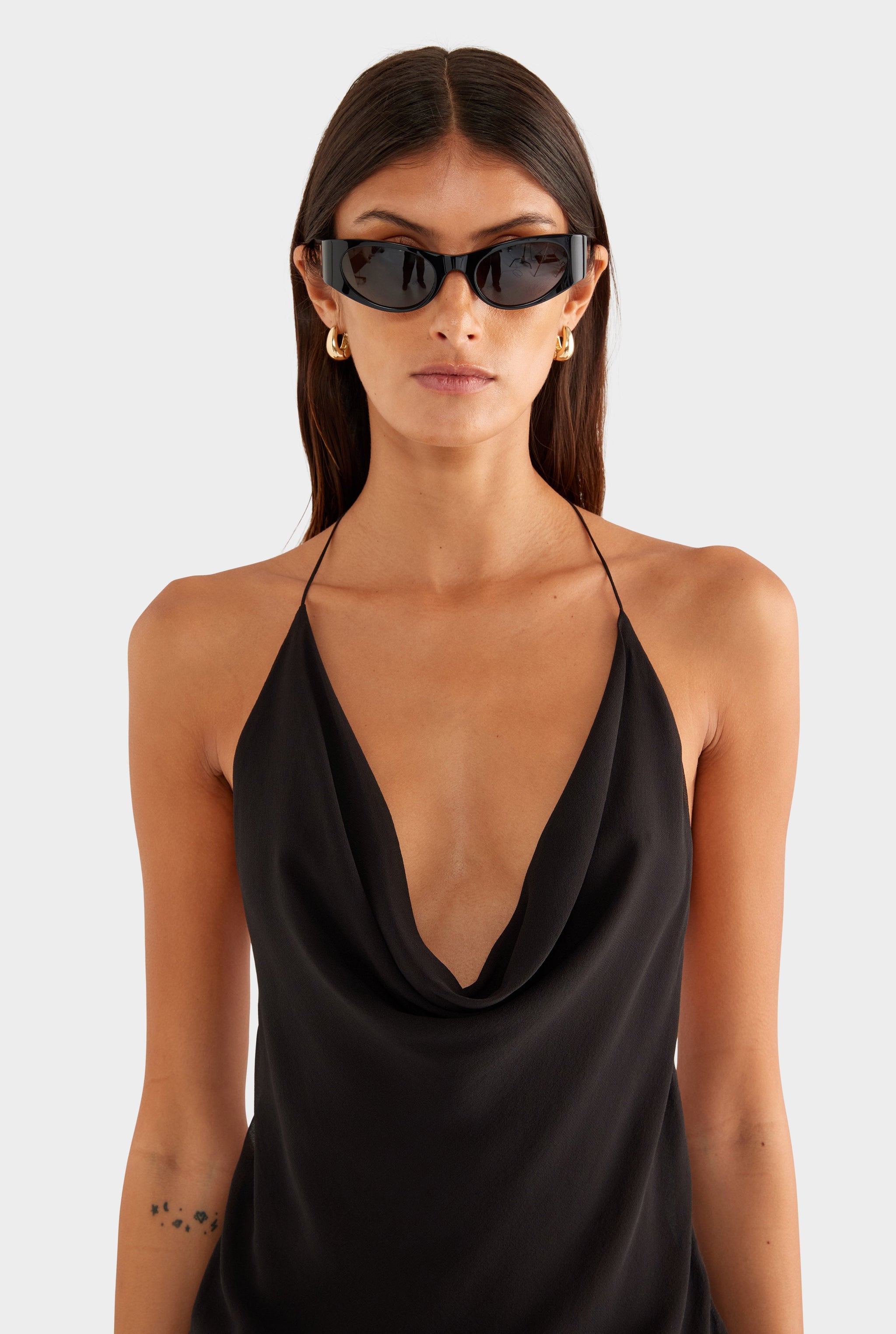 Silk Cowl Cross Back Halter - Black