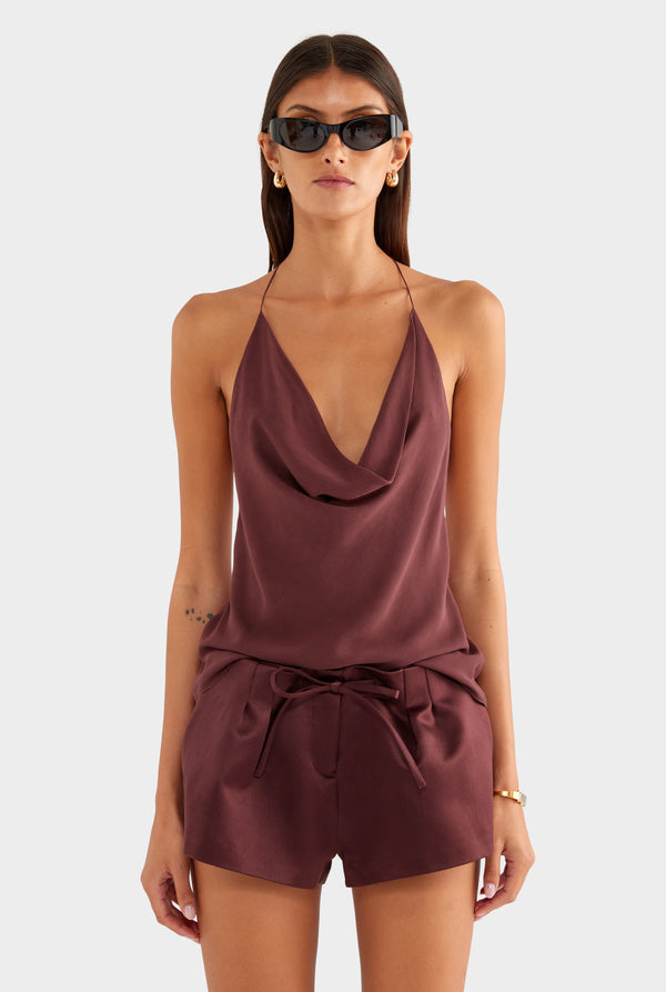 Silk Cowl Cross Back Halter - Dark Plum