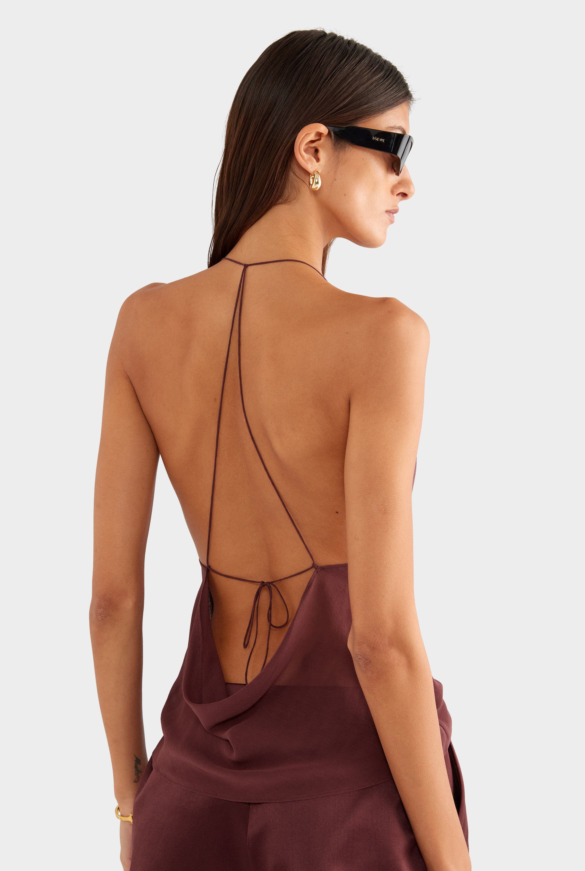 Silk Cowl Cross Back Halter - Dark Plum