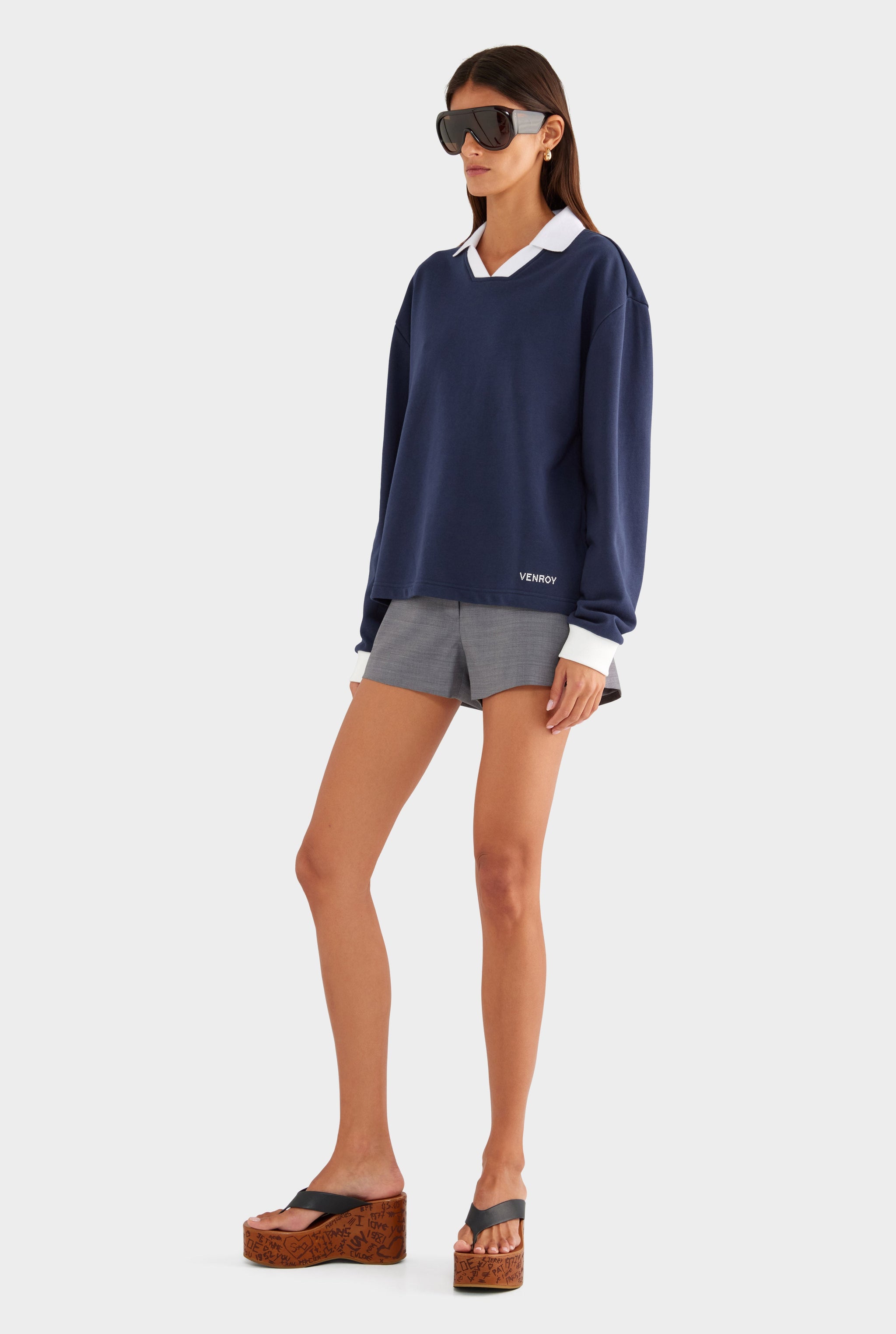 Cotton Long Sleeve Polo - Navy/Marseille Doily