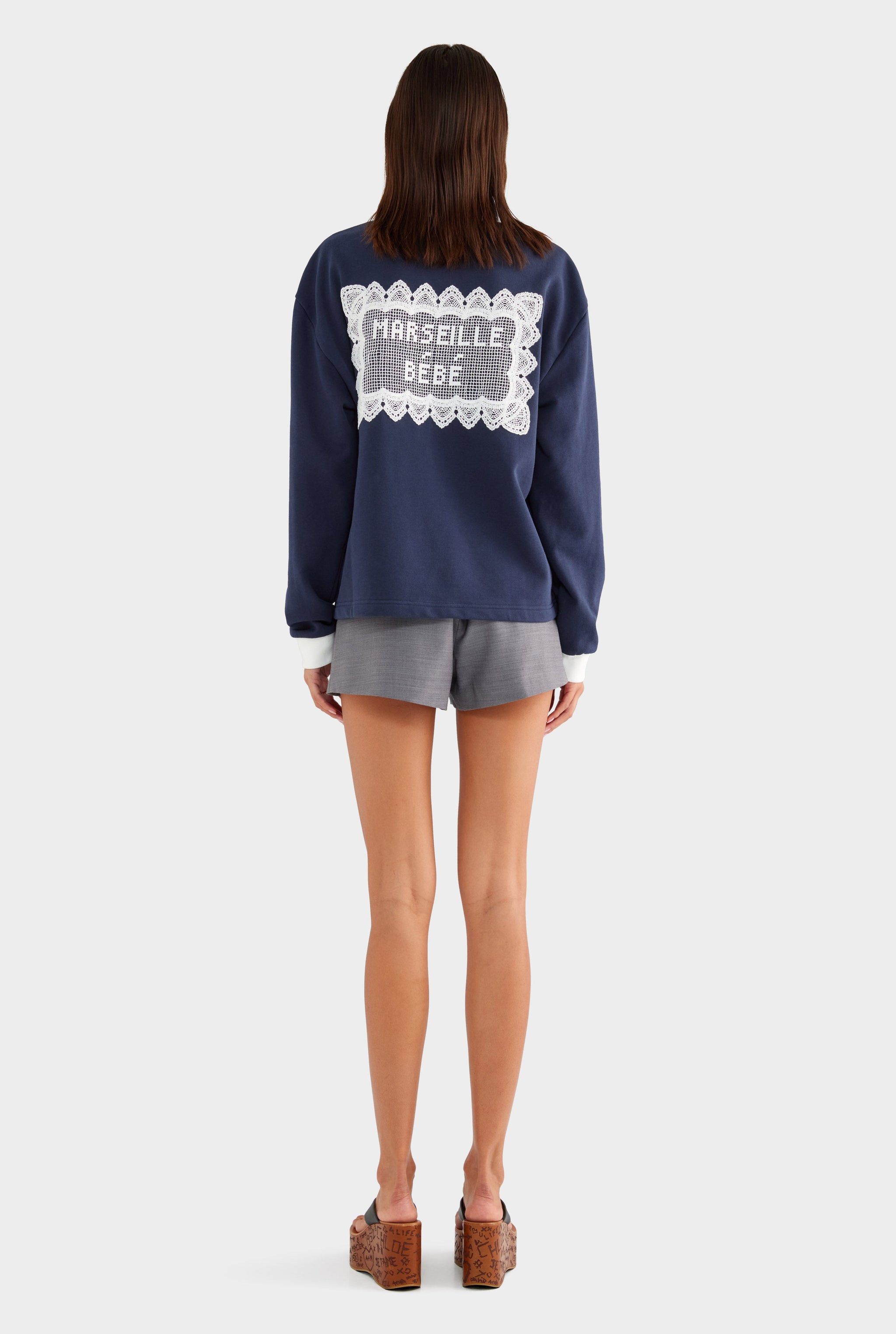 Cotton Long Sleeve Polo - Navy/Marseille Doily
