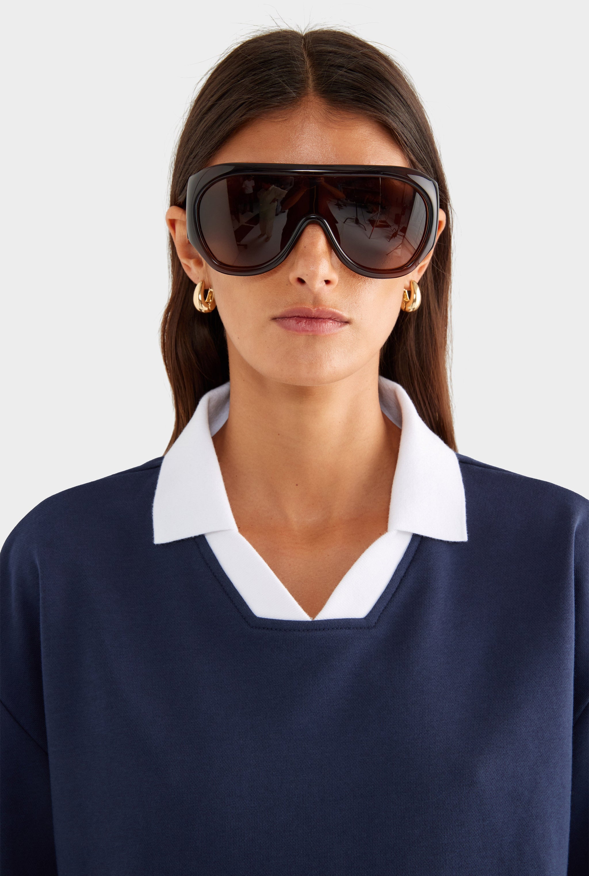 Cotton Long Sleeve Polo - Navy/Marseille Doily