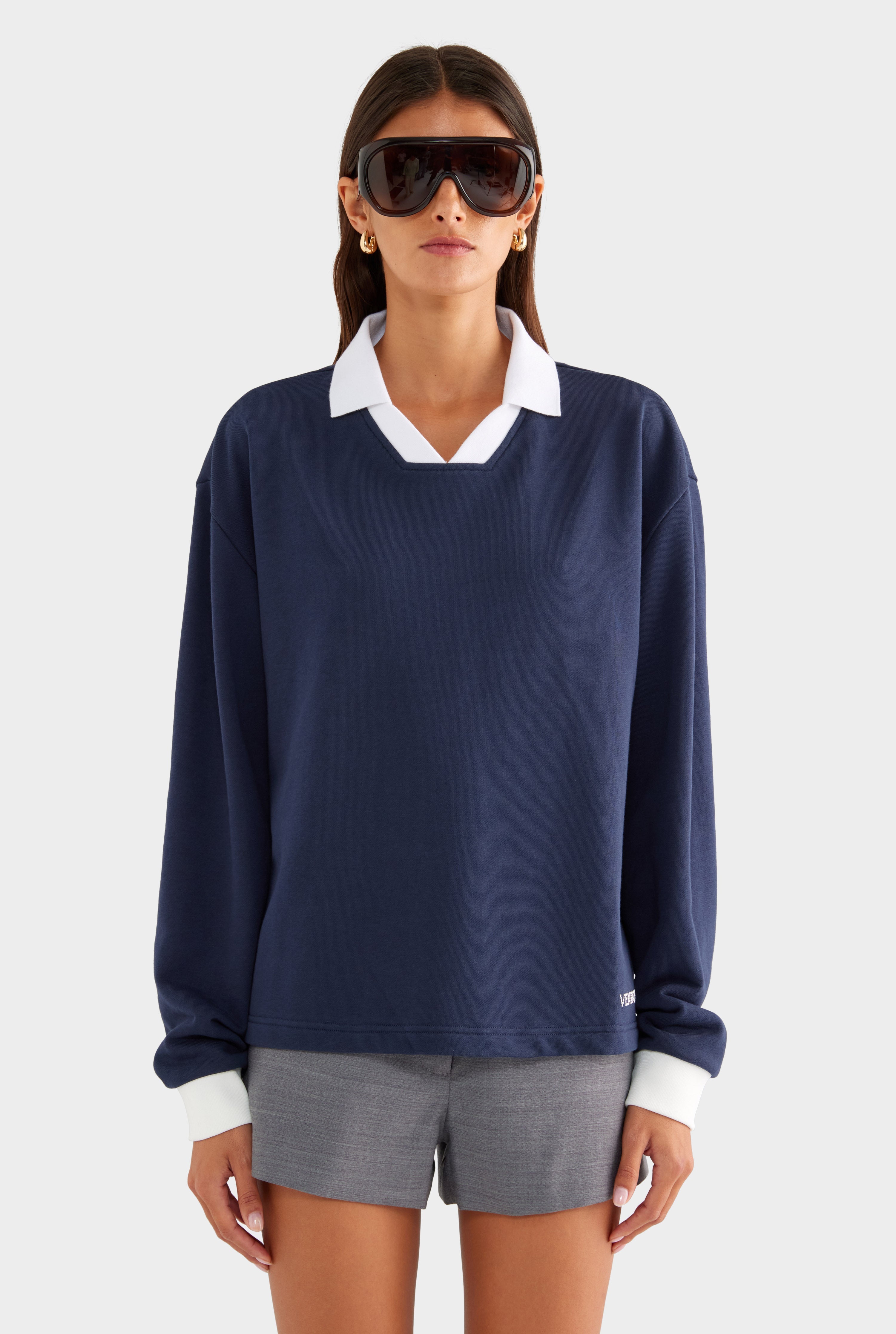 Cotton Long Sleeve Polo - Navy/Marseille Doily