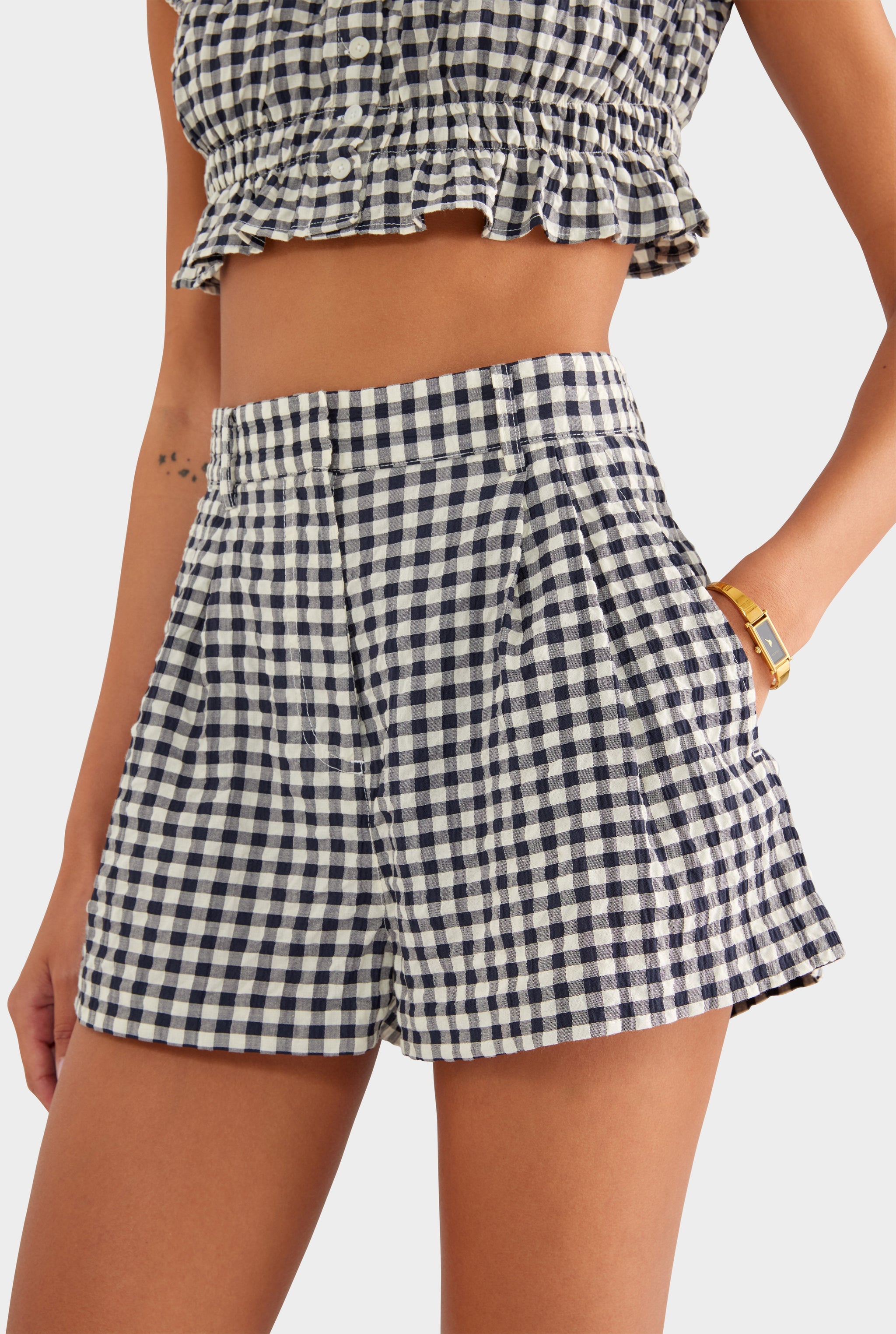 High Waisted Pleat Short - Navy/Cream Gingham