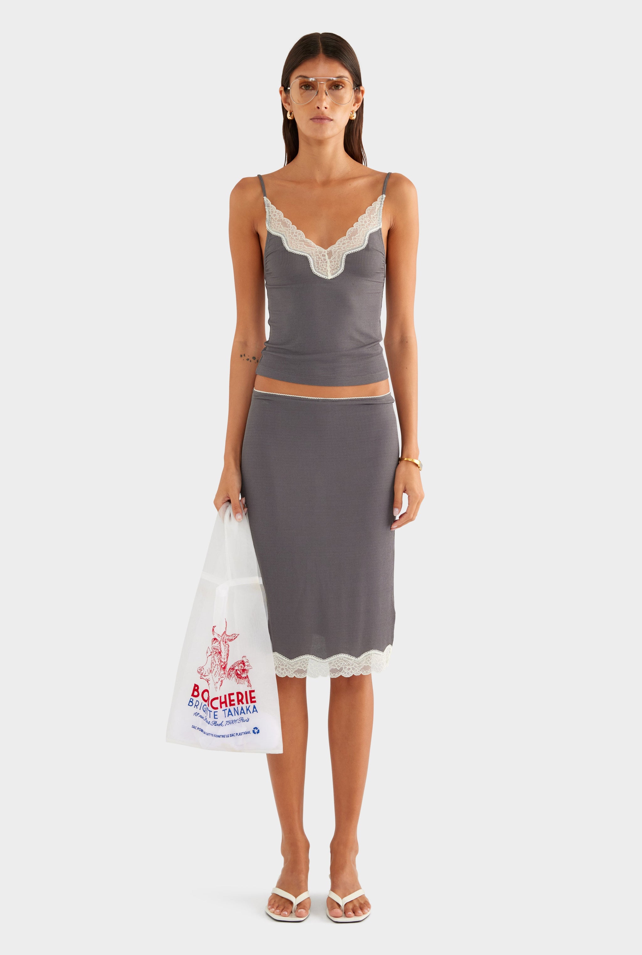 Lace Rib Midi Skirt - Dark Grey/Antique White