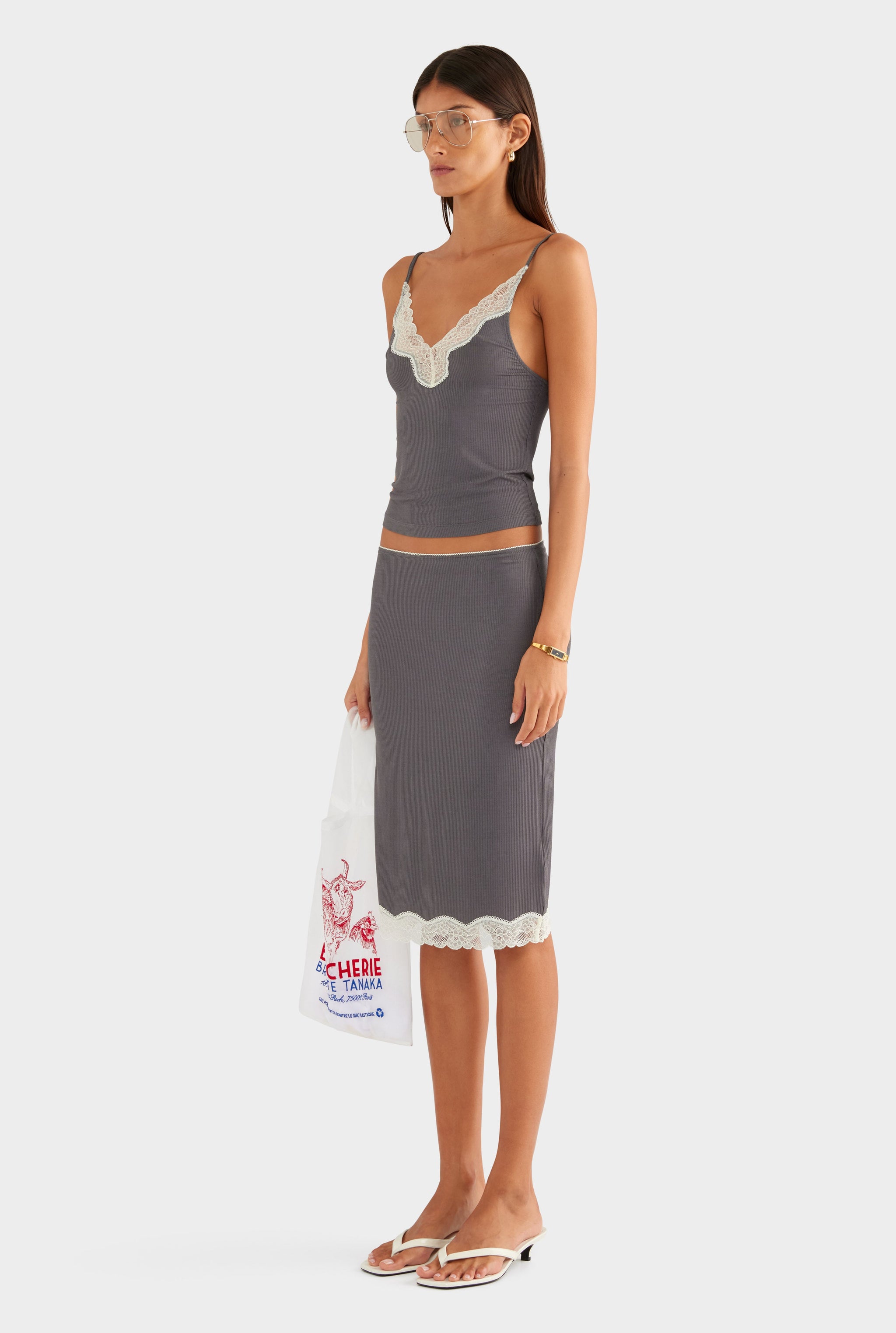 Lace Rib Midi Skirt - Dark Grey/Antique White