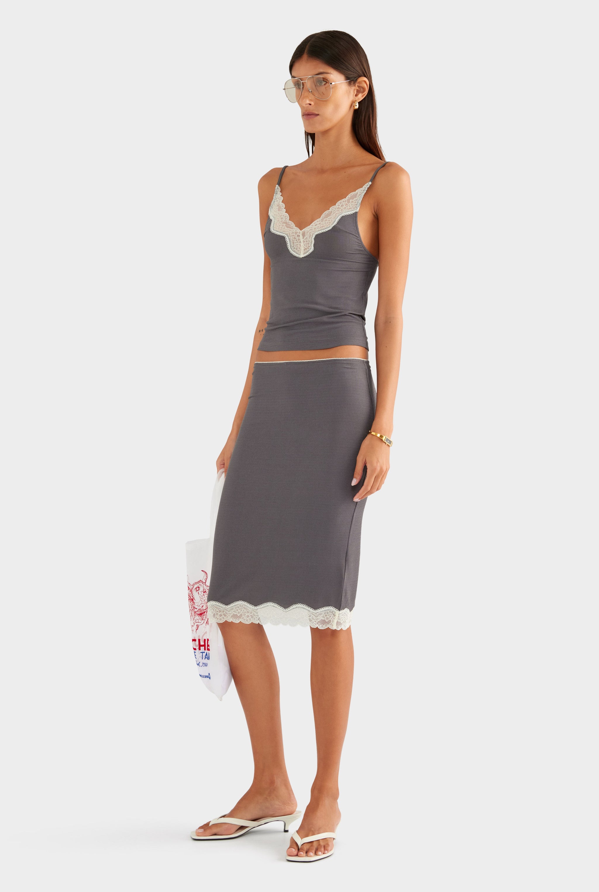 Lace Rib Cami - Dark Grey/Antique White